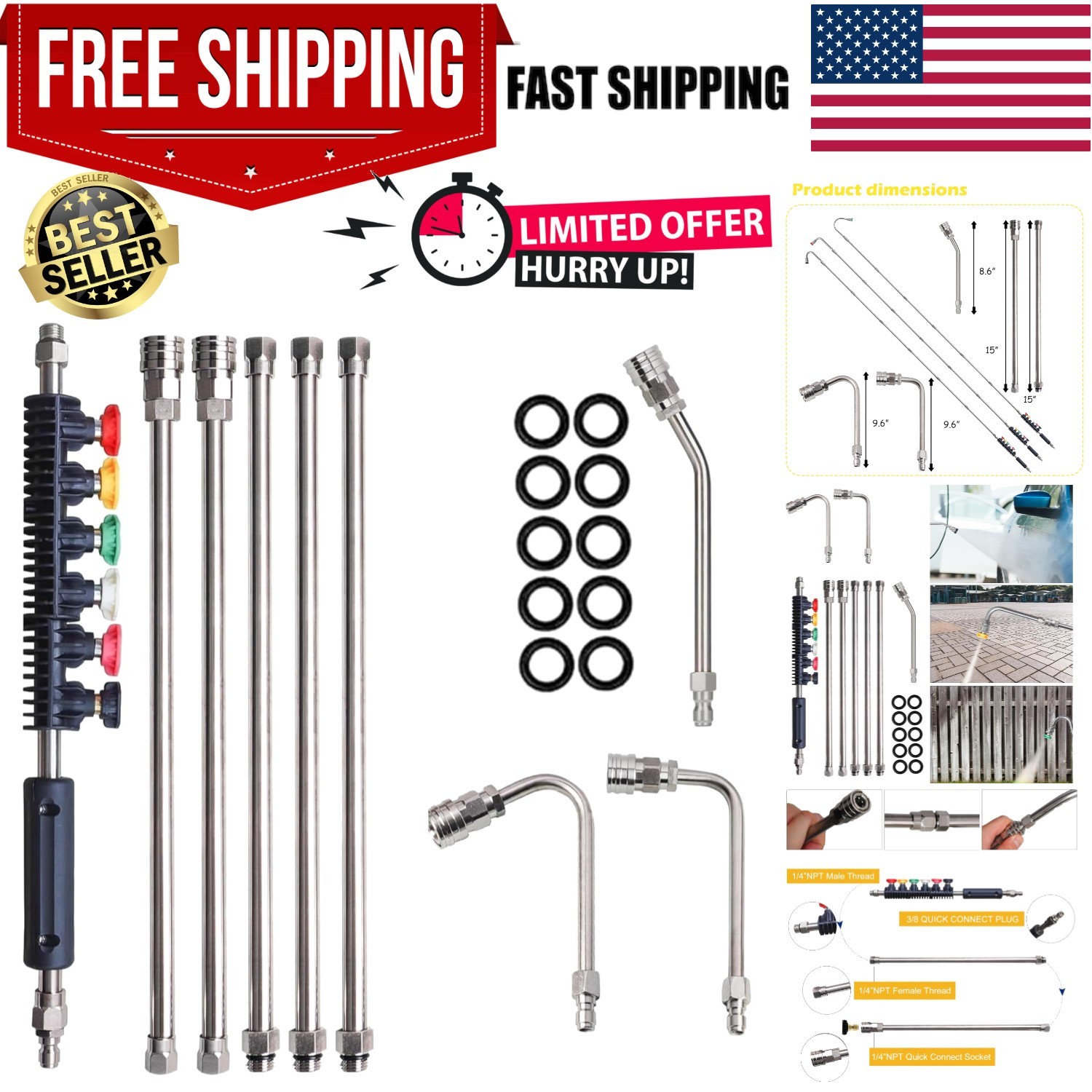 9 Pack Pressure Washer Extension Wand, Stainless Steel Power Washer Lance wit…
