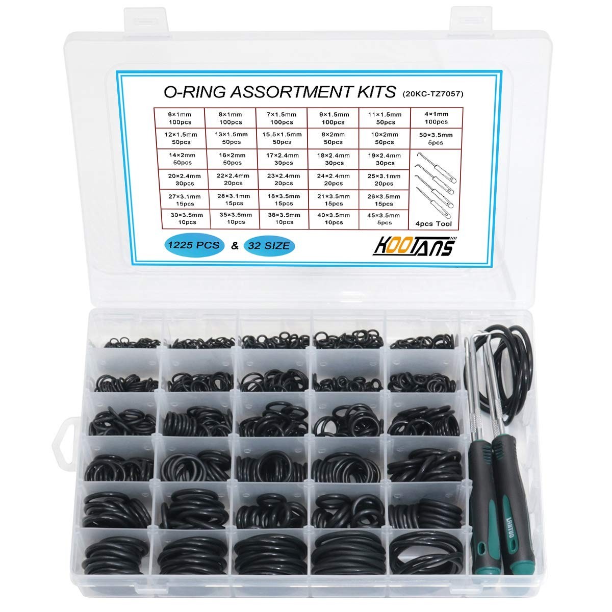 32 Size 1225Pcs Nitrile Rubber O-Ring Assortment Kit + 4 O-Ring Removers, Oil Re