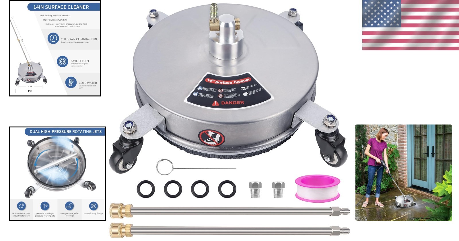 Professional 14″ Surface Cleaner: 4000 PSI, Stainless Steel with 4 Wheels