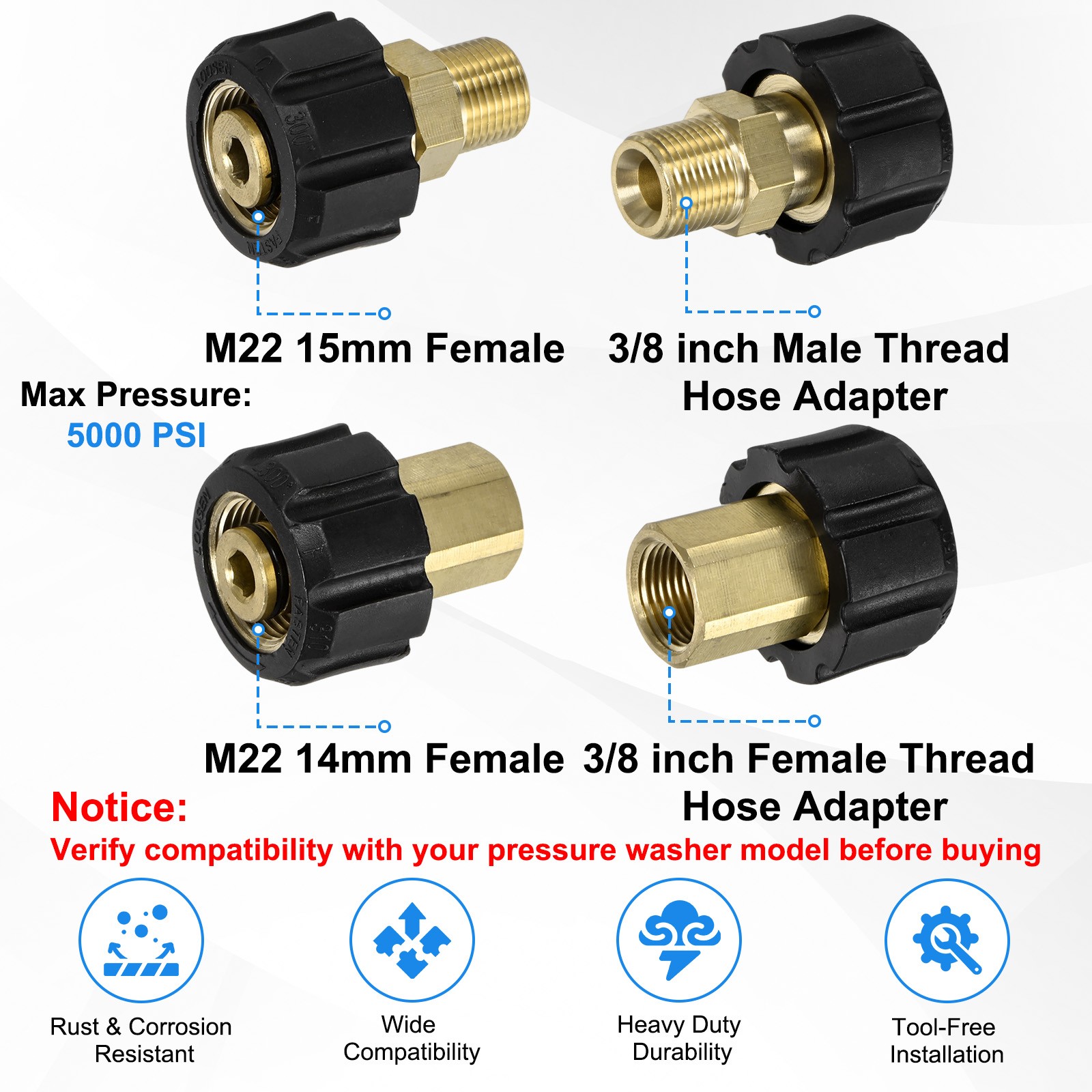 2-Pack M22 15mm Female to 3/8 Inch Male & M22 14mm Female to 3/8 Inch Female