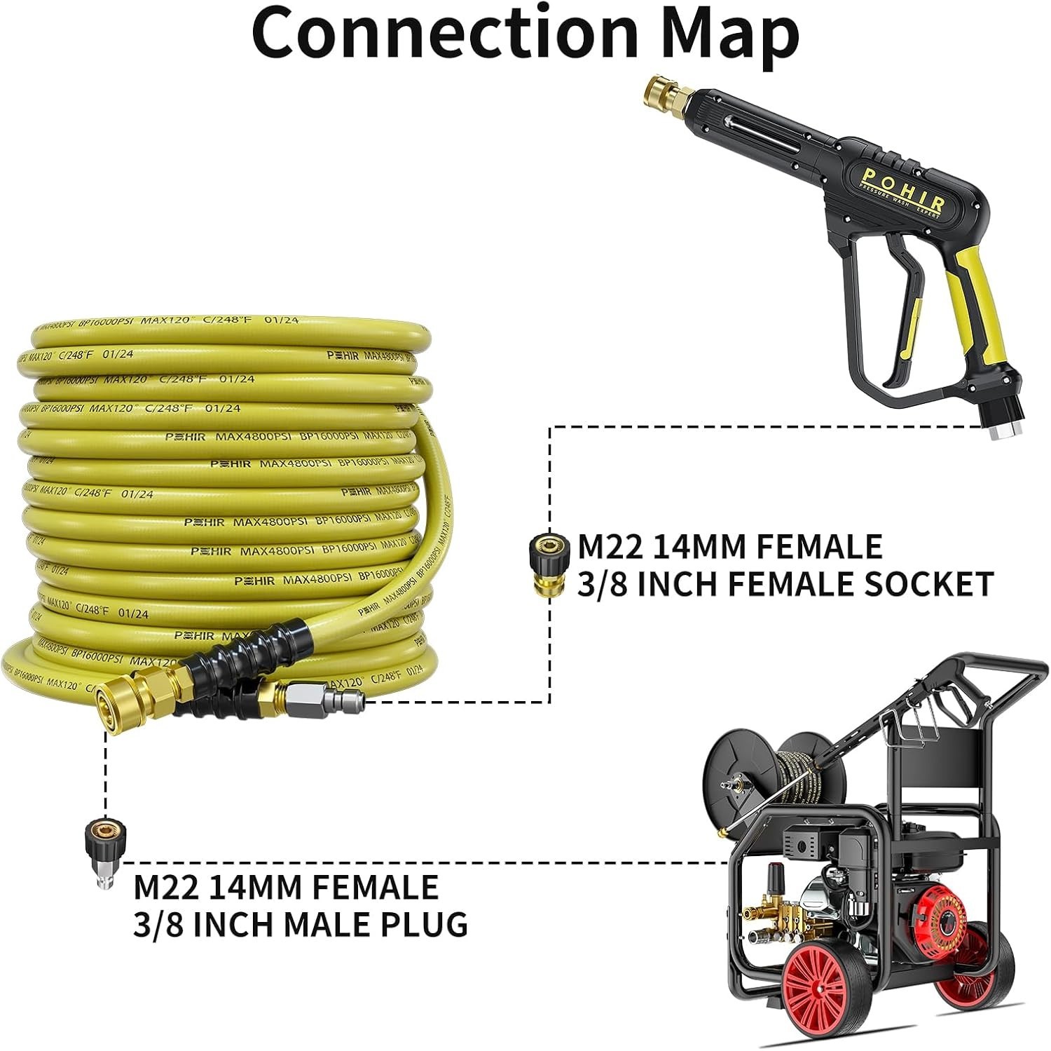50ft Pressure Washer Hose 3/8″ 4800 PSI, Power Washer Hose with 3/8 Quick Con…