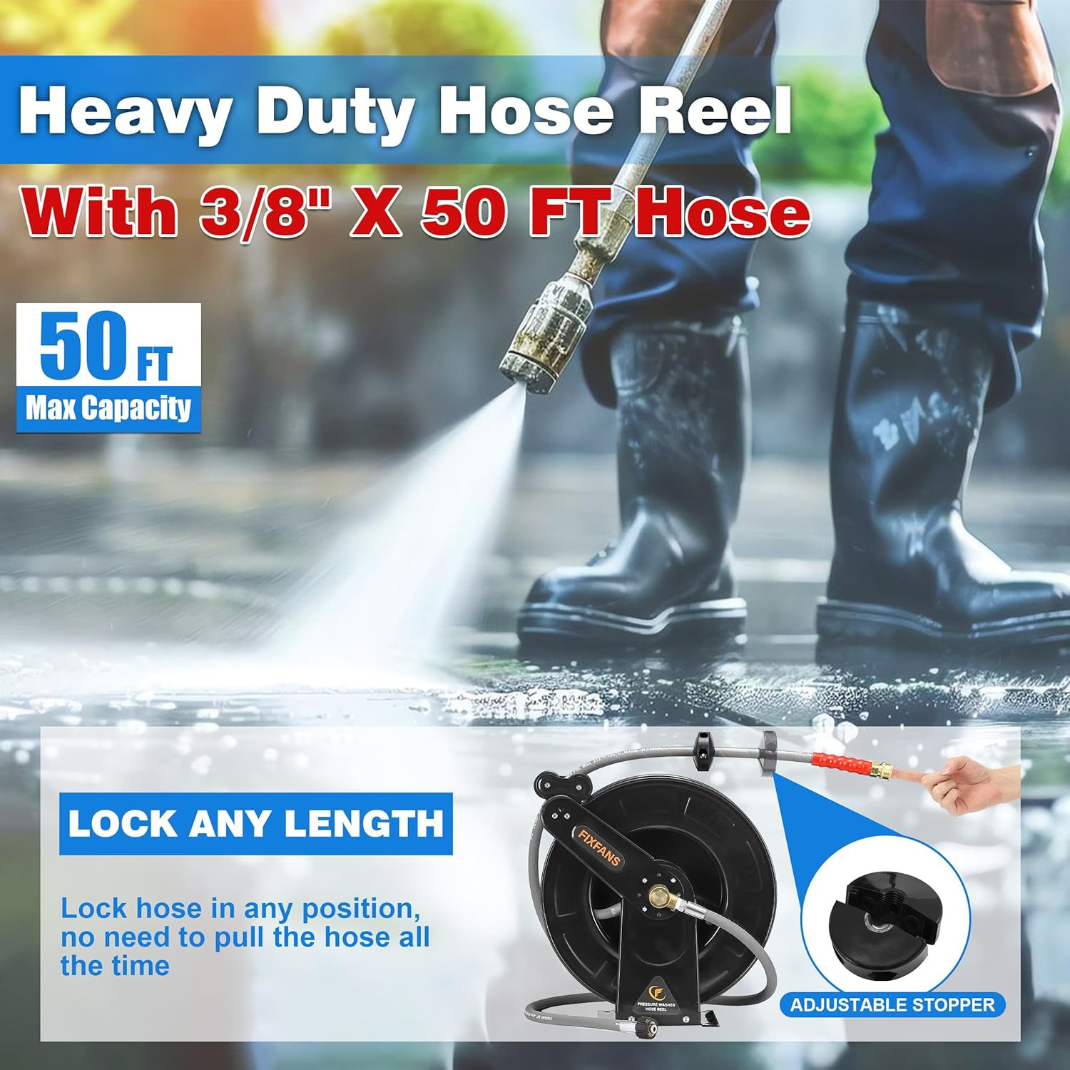 Pressure Washer Hose Reel with Hose for Hot and Cold Water, 3/8″ X 50 FT Steel A