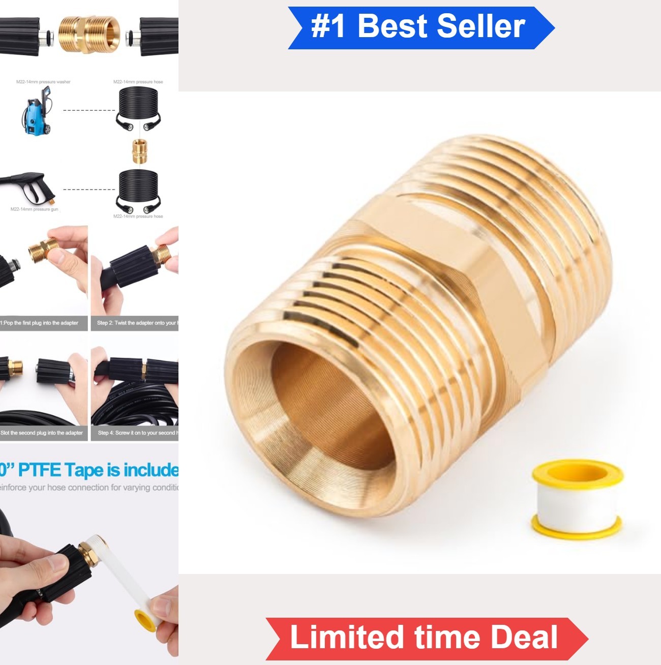 Pressure Washer Hose Connector M22 14mm Male to Male Adapter 5000 PSI Brass