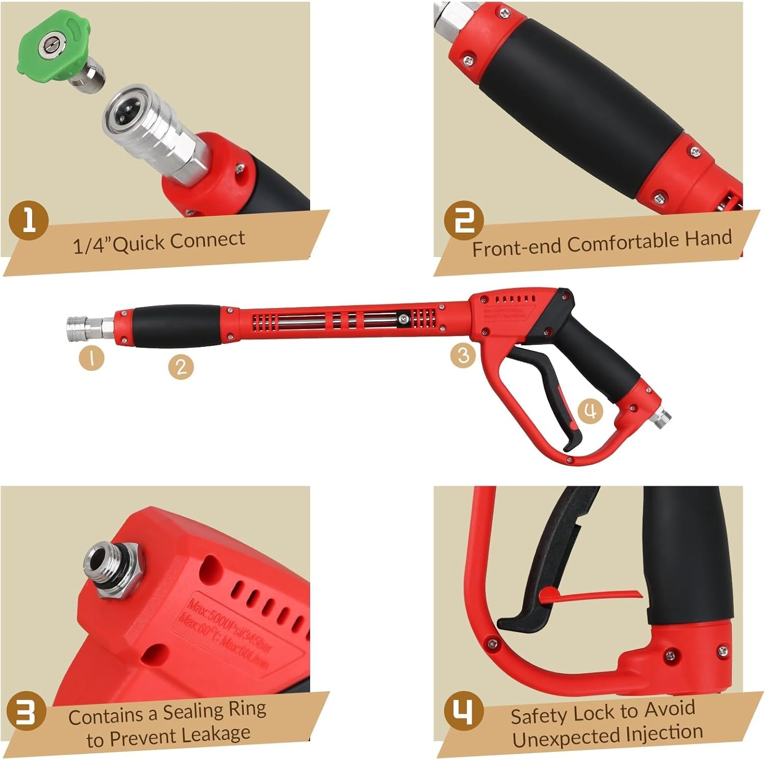 5000 PSI Pressure Washer Gun with Extension Wand and 5 Nozzle Tips – M22 Fitting