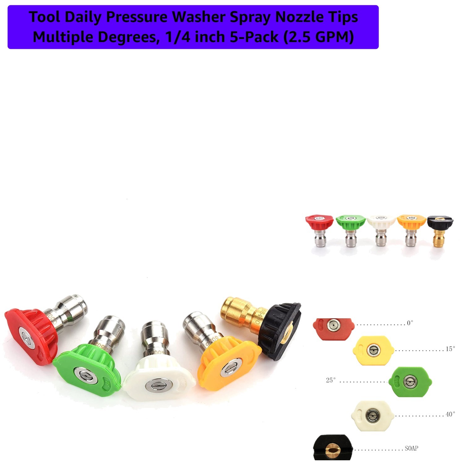 Pressure Washer Spray Nozzle Tips Multiple Degrees, 1/4 inch 5-Pack 2.5 GPM