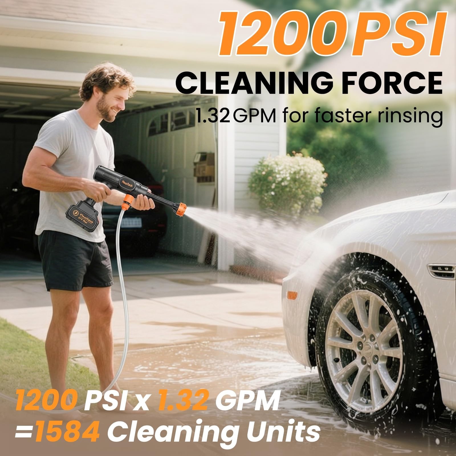 Portable Cordless Pressure Washer 1200 PSI – 6-in-1 Nozzle, 2 Batteries, Car & G