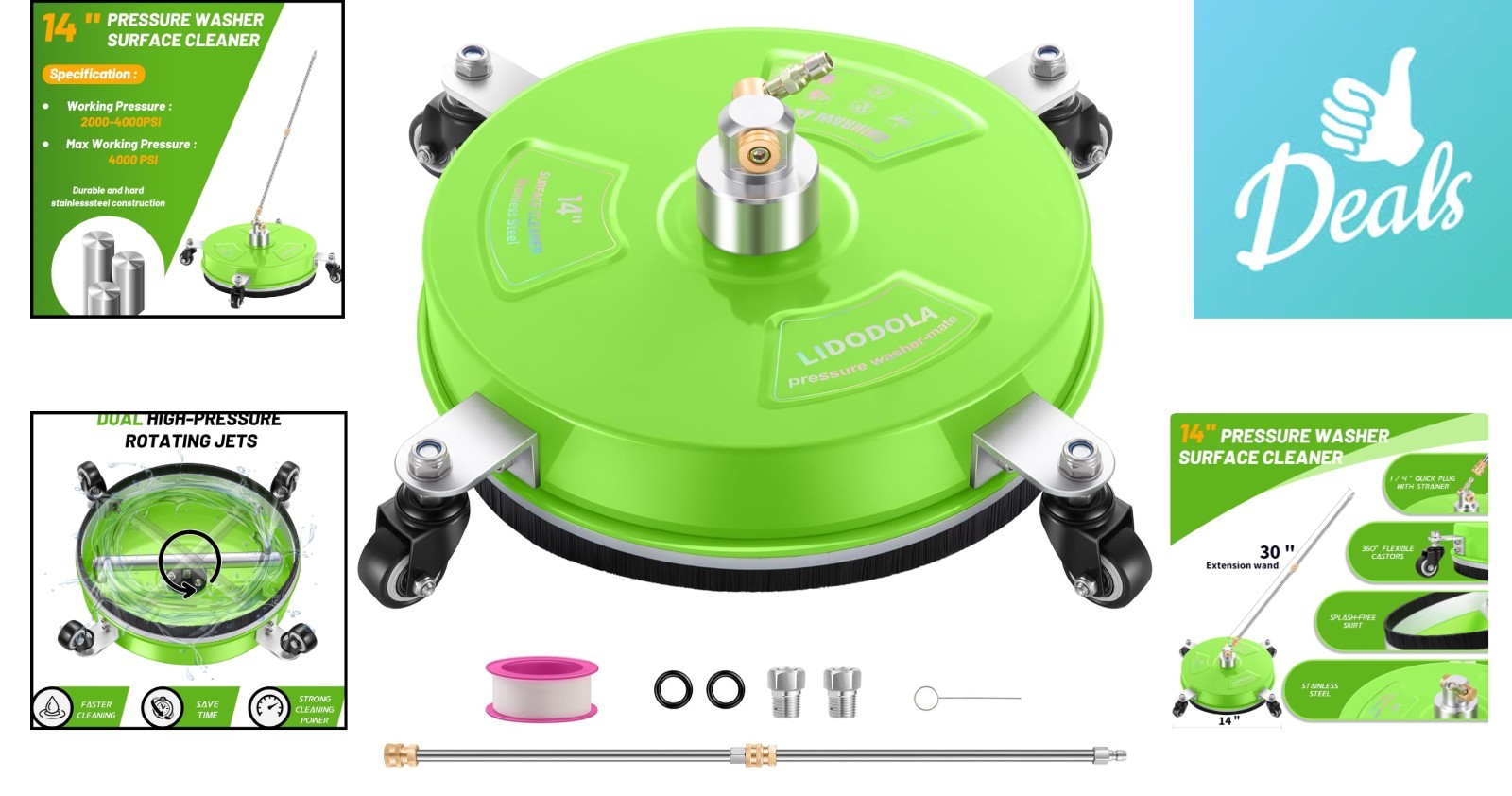 Eco-Friendly 14″ Pressure Washer Surface Cleaner – Green Stainless Steel Design