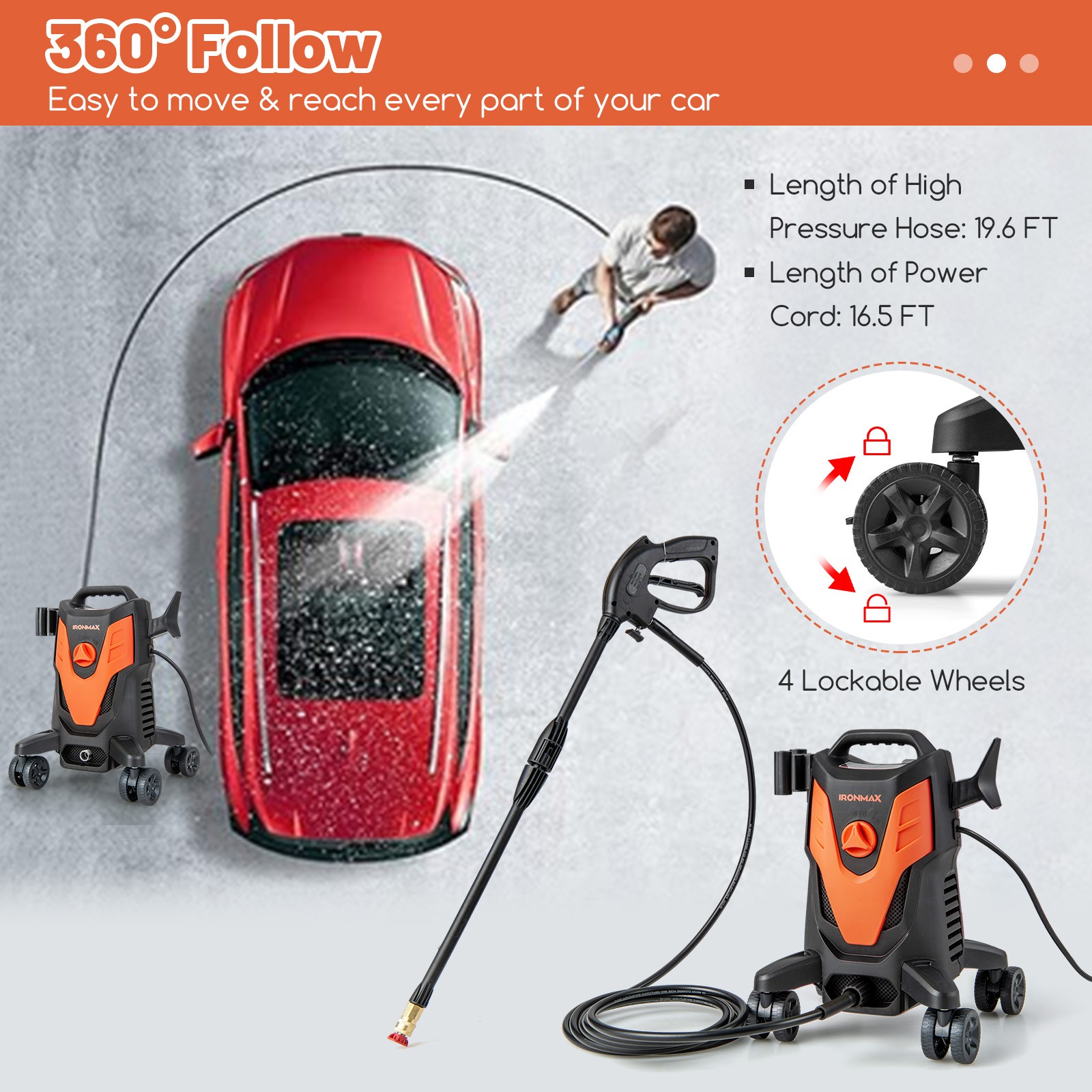 2400 PSI High Pressure Cleaner Machine Electric Pressure Washer w/4 Wheels