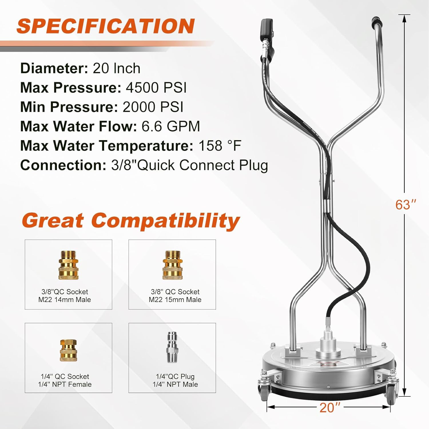 20″ Stainless Steel Pressure Washer Surface Cleaner, 4500PSI for Driveways & Pat
