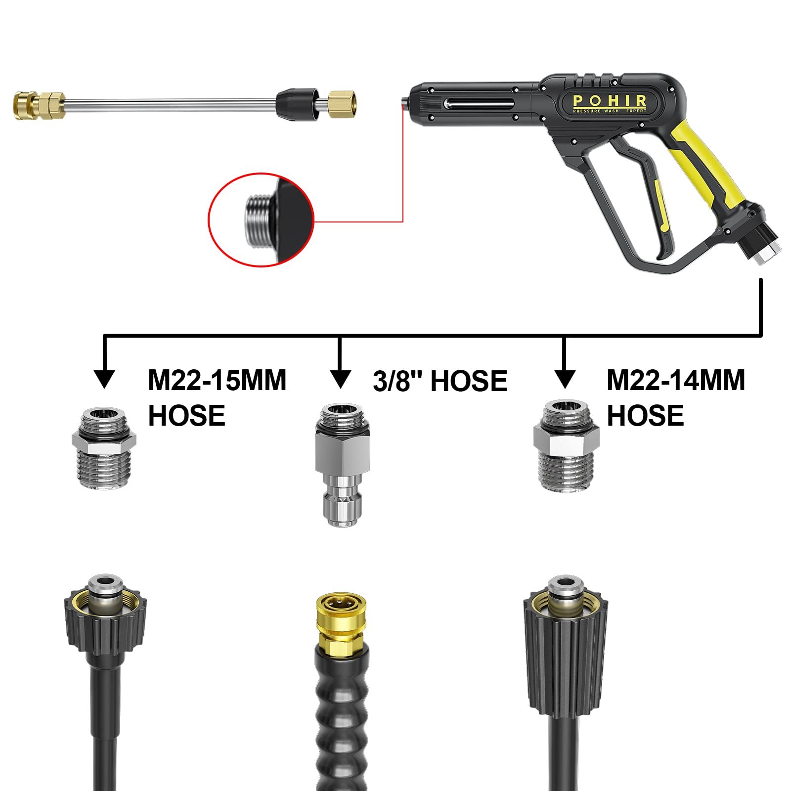 3600 PSI Pressure Washer Gun 30″ Extension Wand 7 Nozzles M22 14/15mm