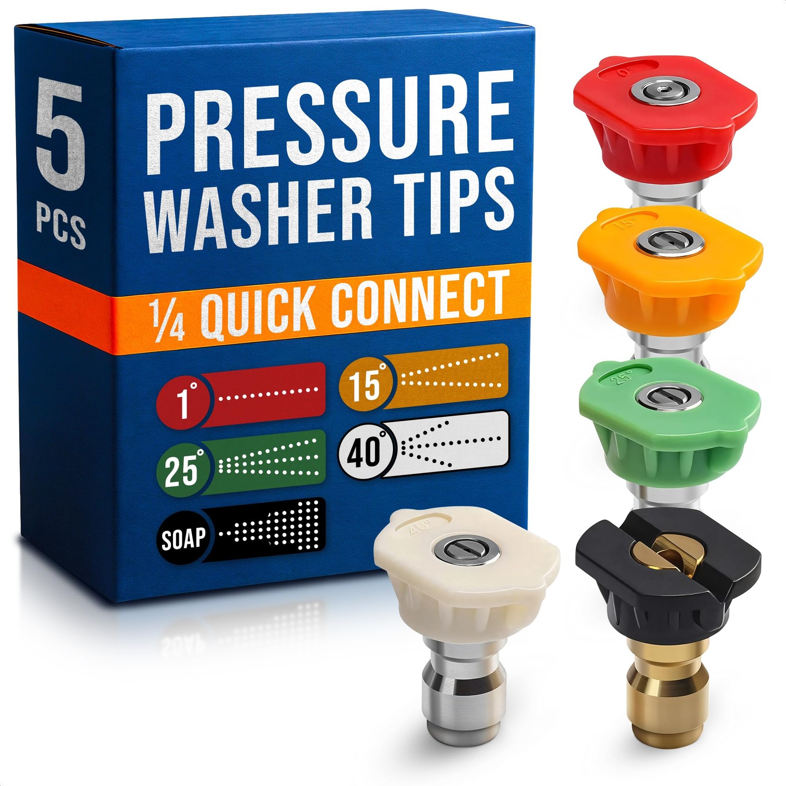 5 Pack Pressure Washer Tips Quick Connect Nozzle Tips Multi-Angles for Car Wash