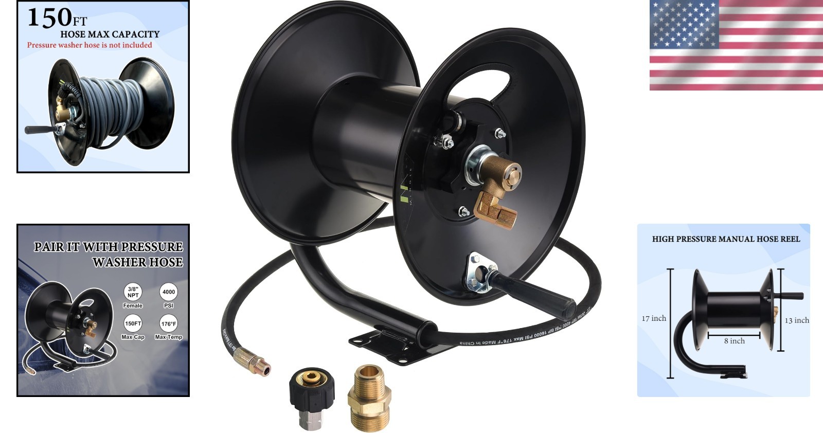 150ft Heavy Duty Pressure Washer Hose Reel with Manual Crank & Mounting Bracket