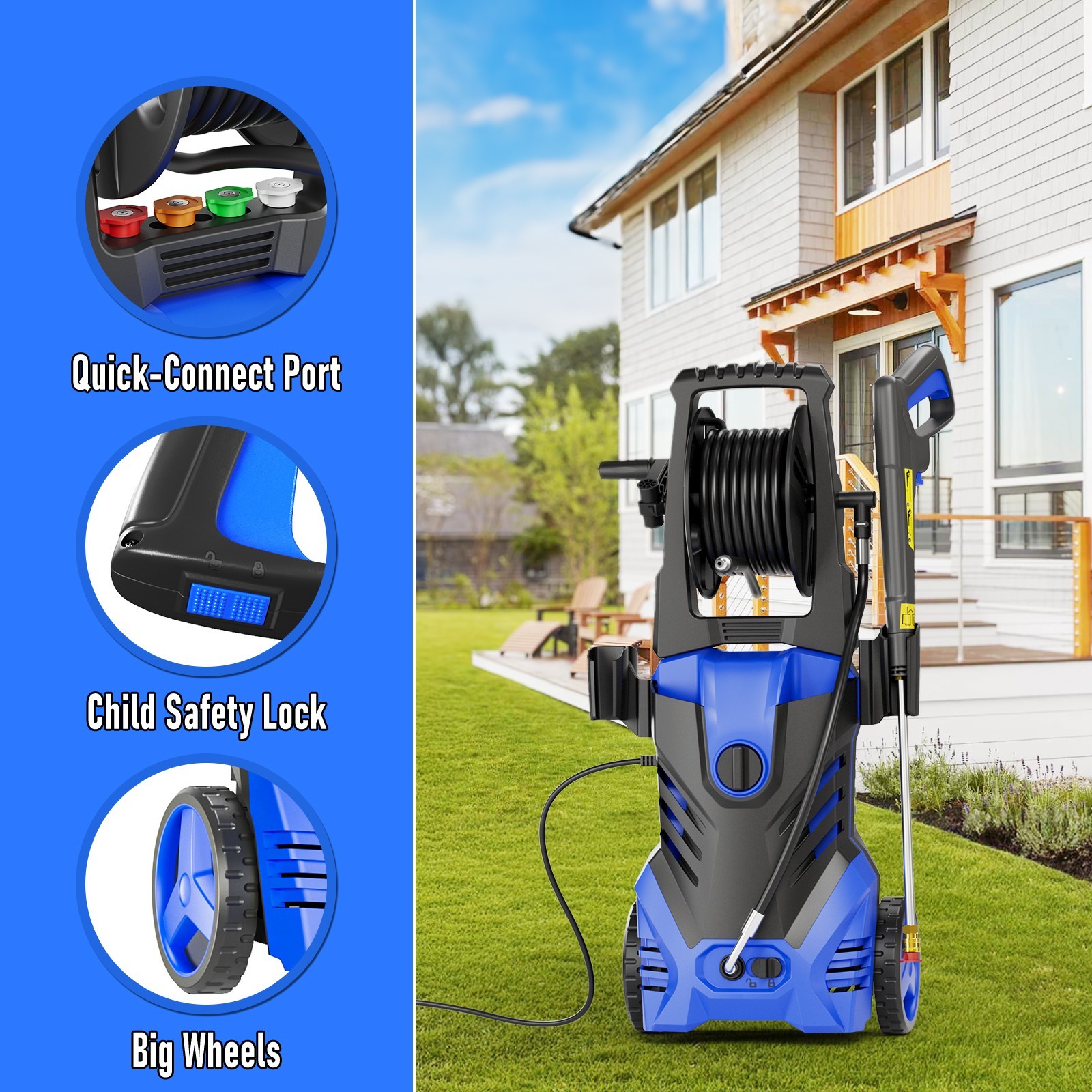 Pressure Washer 4200PSI 2.5GPM, Retractable Hose Reel, 4 Nozzle Tips, for Yard