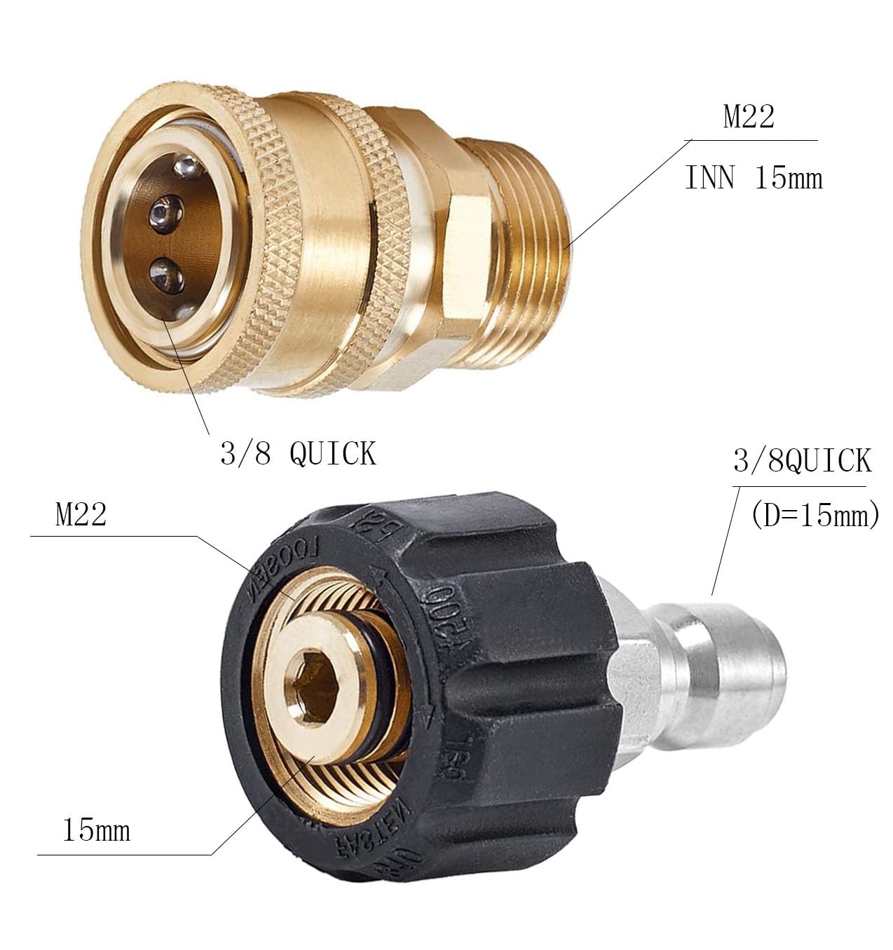 2 Pieces Pressure Washer Quick Connect Fittings M22 15mm To 3/8 Inch Set