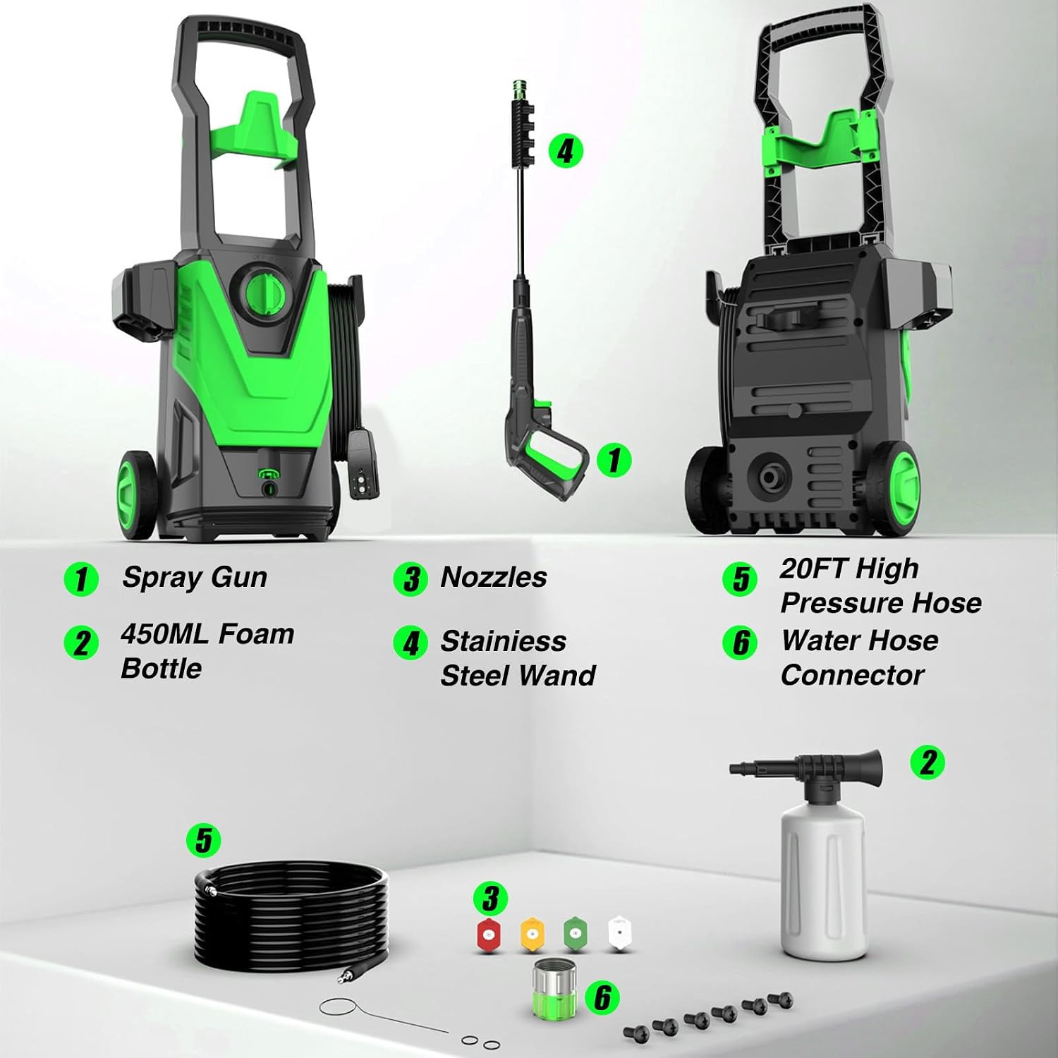 4800PSI Powerwasher with 20FT Hose, 35FT Cord, 4 Quick Nozzles, Foam Cannon for