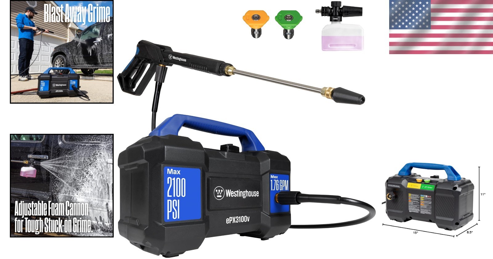 ePX3100v Handheld Electric Pressure Washer: Powerful 2100 PSI, Versatile Nozzles