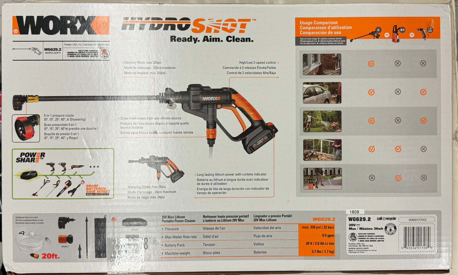 Worx “HydroShot” 20V Max Lithium Portable Power Cleaner 320psi (WG629.2)