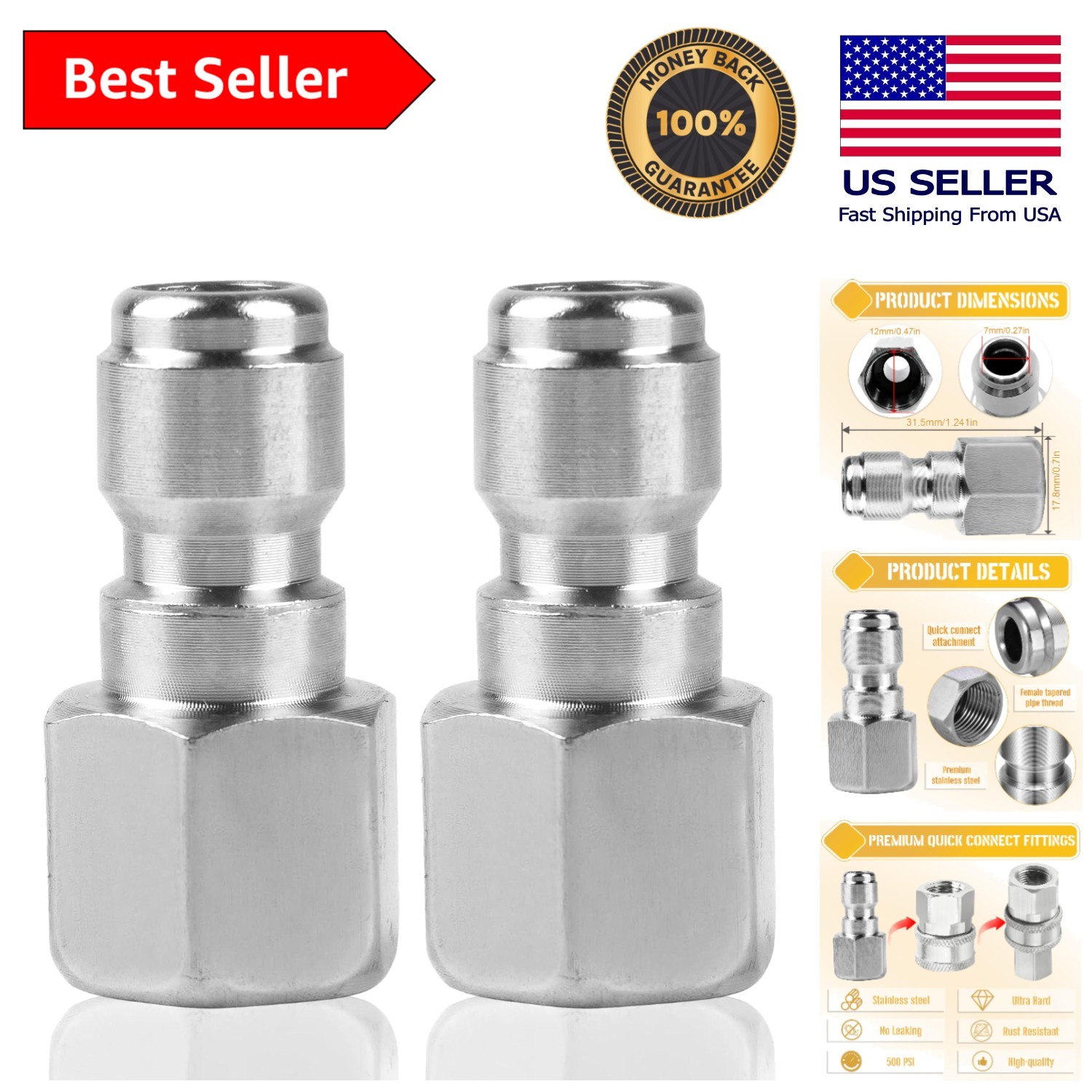 Heavy-Duty 2Pcs Pressure Washer Connectors – 1/4 & 3/8 Inch Quick Connect