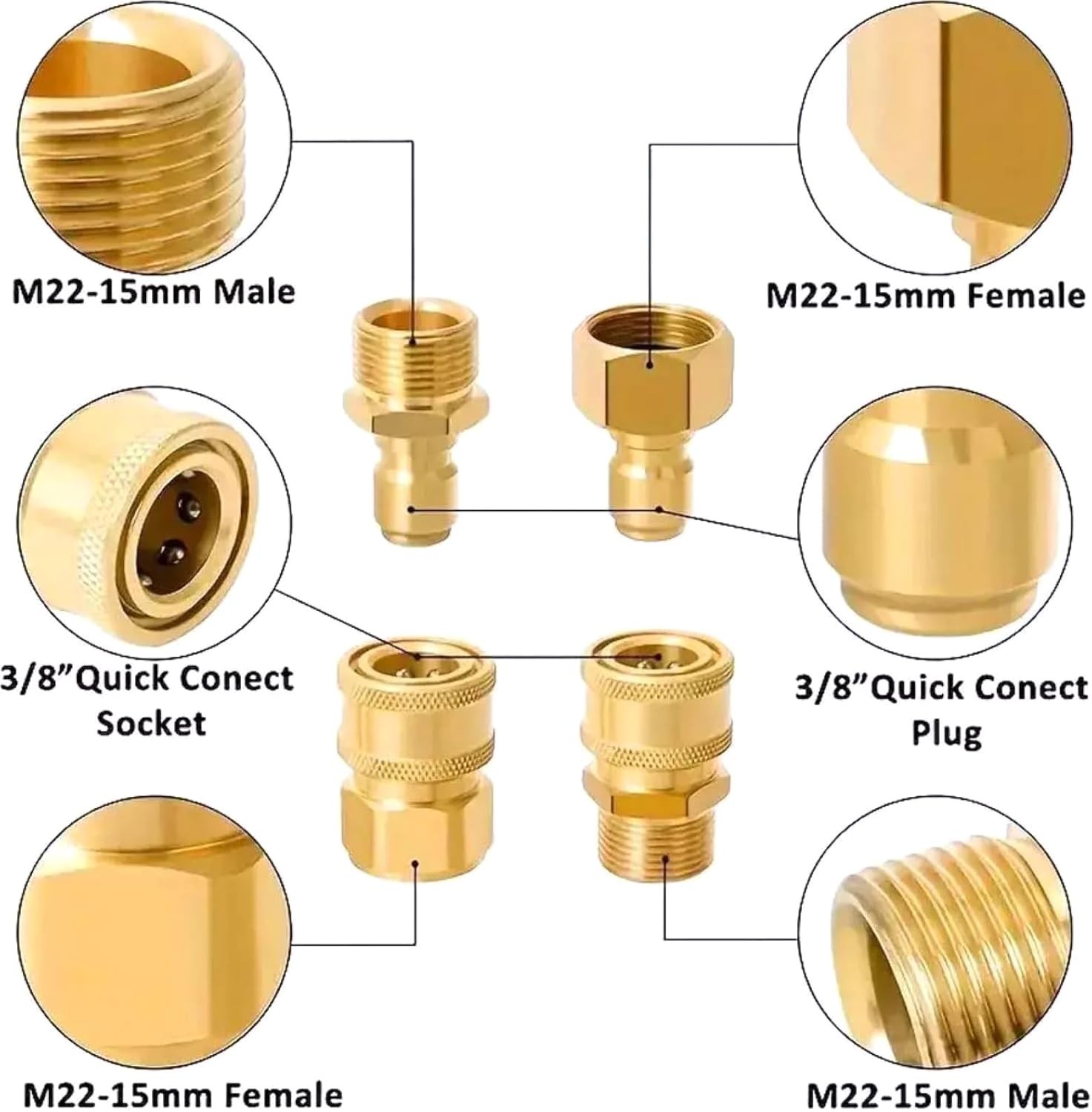 4PCS Pressure Washer Adapter Set Quick Disconnect Kit M22 Swivel 3/8” Connects