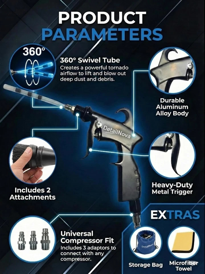 Air Blow Gun Car Detailing Turbo Air Nozzle for Dust Removal with Accessories