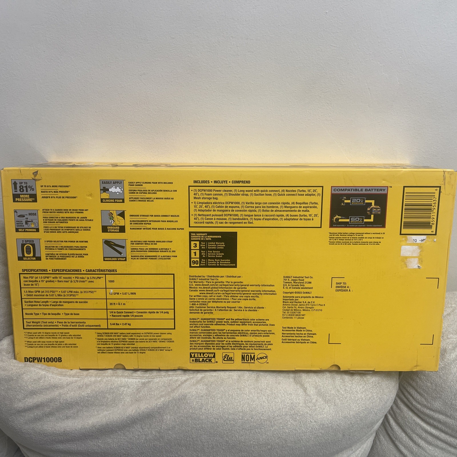 New DeWALT DCPW1000B 60V FLEXVOLT 1000 PSI Cordless Power Cleaner