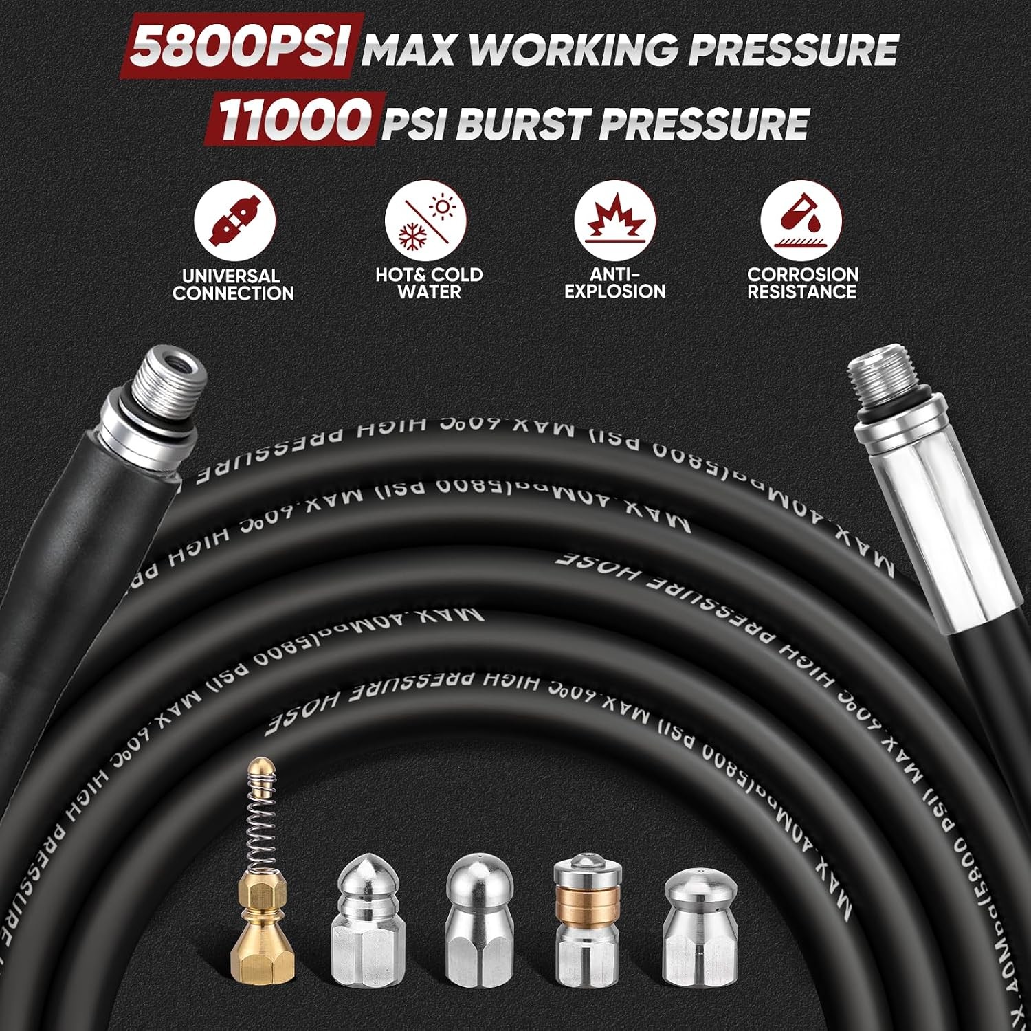 50FT Sewer Jetter Kit for Pressure Washer, 5800 PSI Drain Cleaning Hose with 5 J