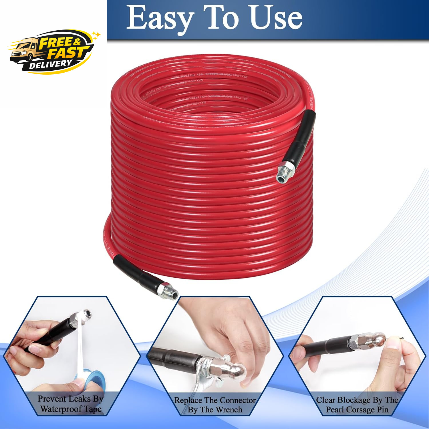 100FT Sewer Jetter Kit for Pressure Washer, 1/4”NPT Drain Cleaner Hose 5800PSI,