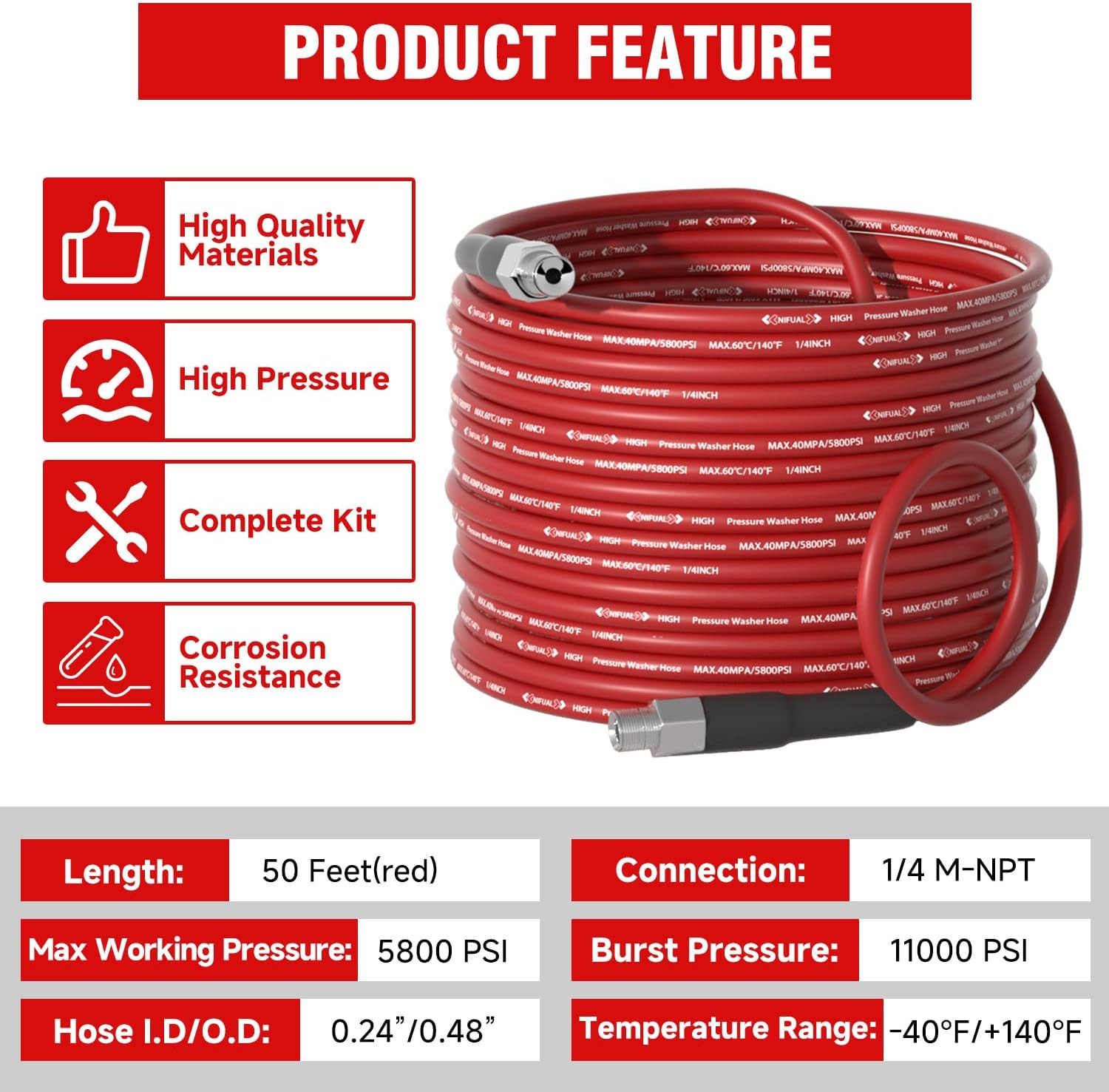 NIFUAL Sewer Jetter Kit for Pressure Washer,50Ft 5800PSI Pressure Drain Cleaner