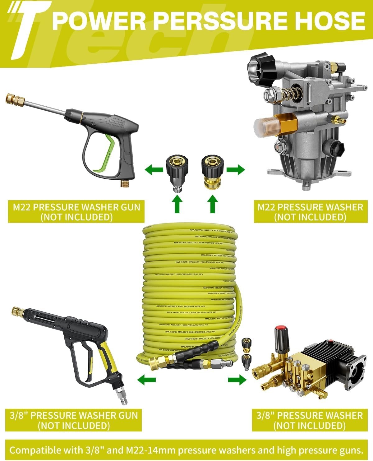 Versatile 200FT Pressure Washer Hose with 4500 PSI & M22 Adapters – All Weather