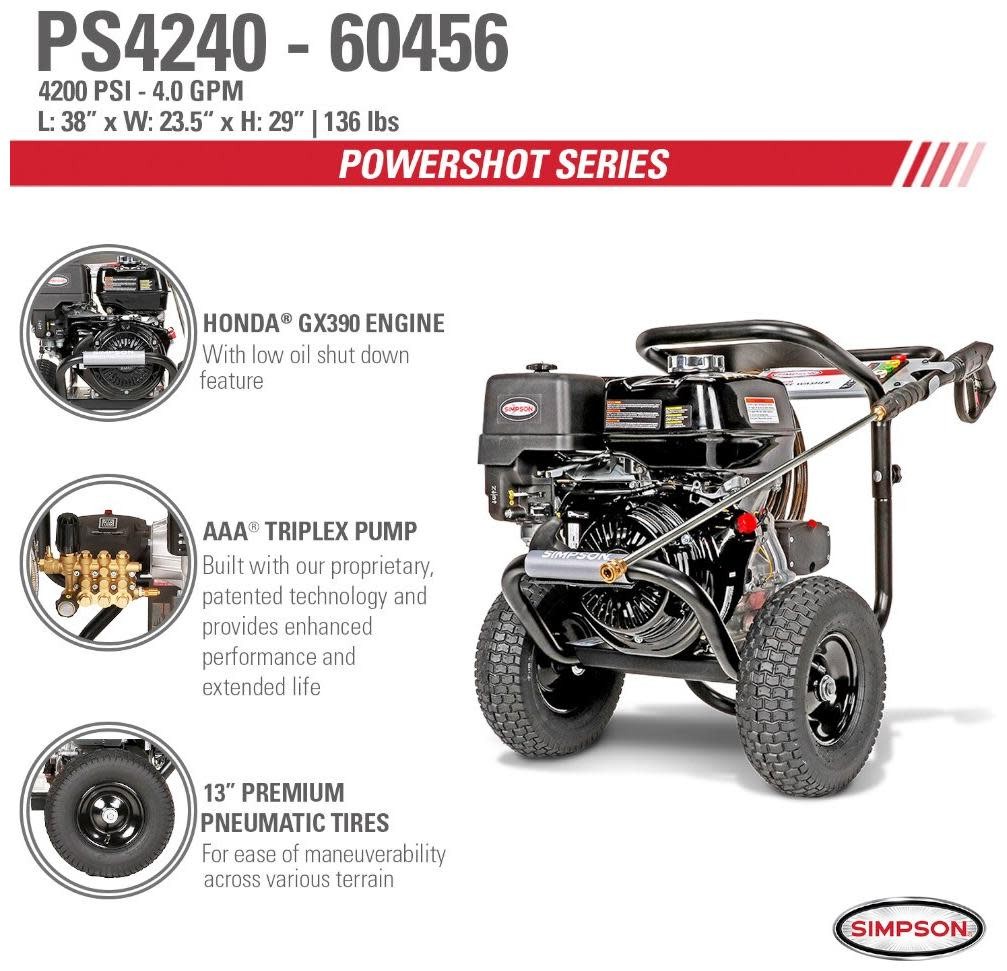 Simpson 60456 4200 PSI 4 GPM Gas Powered Cold Water Pressure