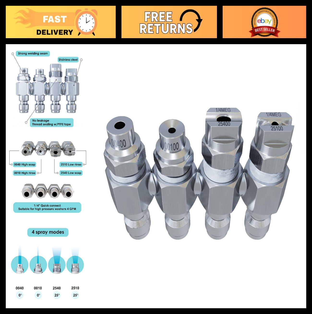 High Pressure 4 GPM J Rod Nozzle – 1/4″ Quick Connect Soft Wash System – 4 Tips