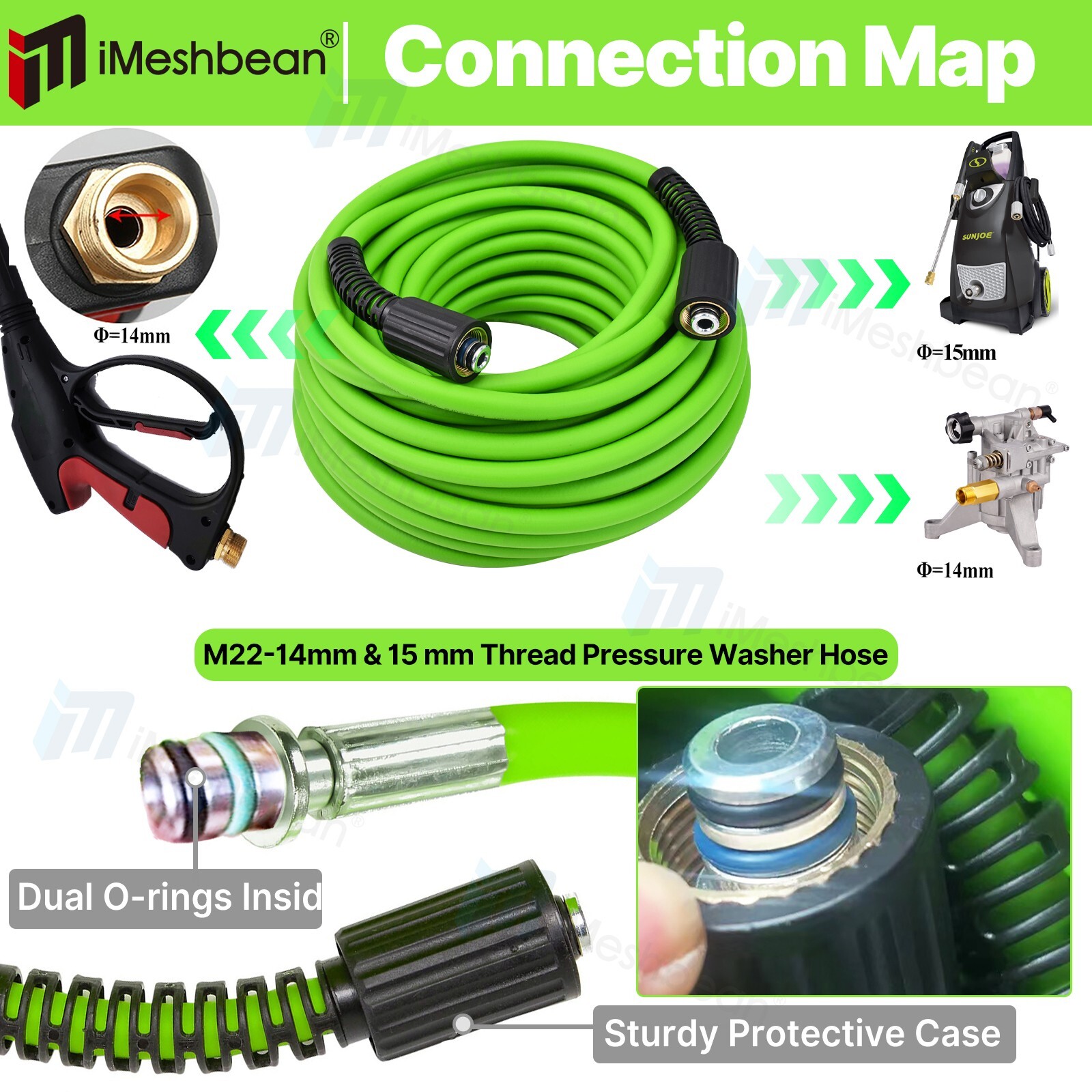Super Flexible High Pressure Washer Hose 3600 PSI Power Extension M22-14&15mm QC