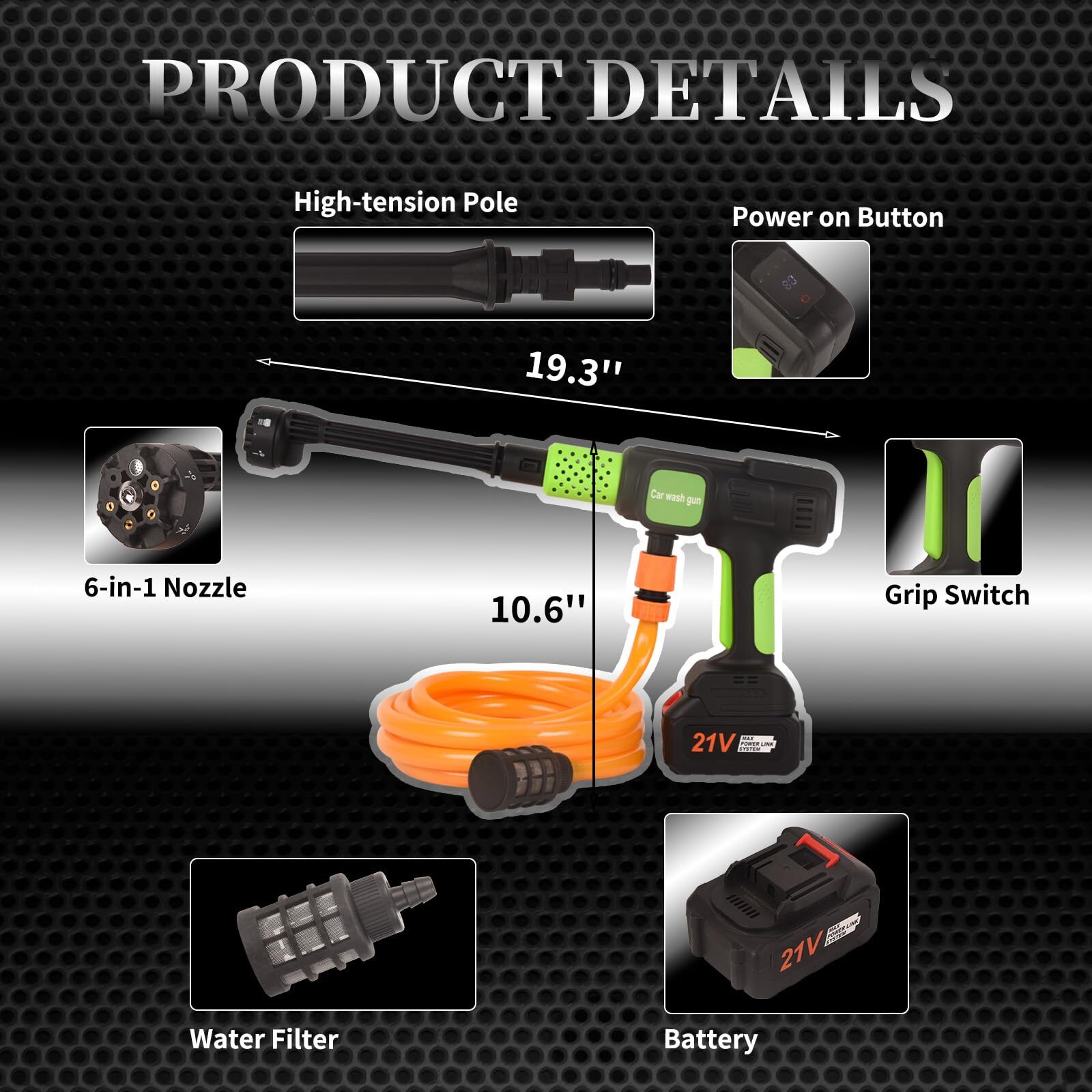 Cordless Pressure Washer 652PSI Power Cleaner with 4-Speed 6-in-1 Nozzle