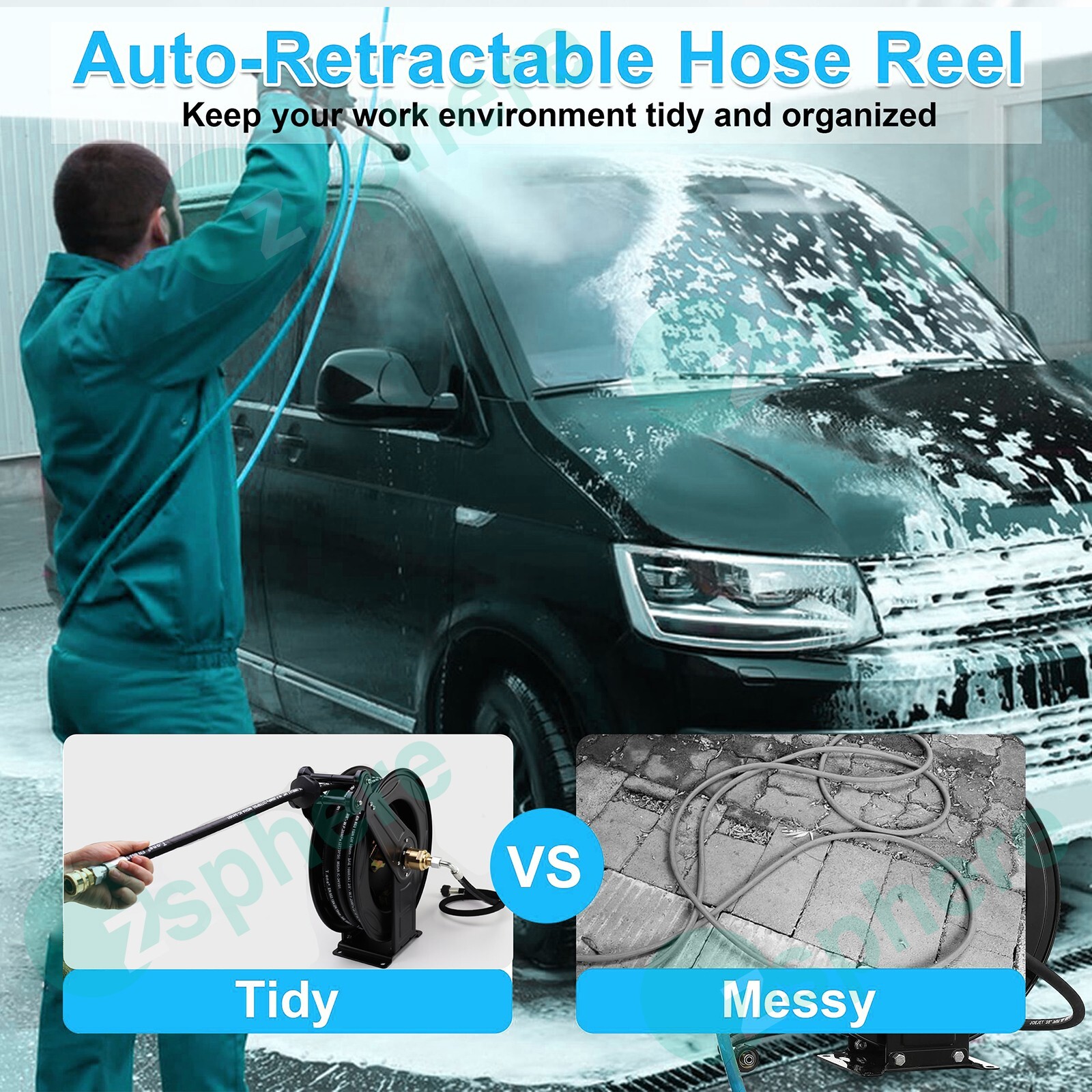 Pressure Washer Hose Reel Kit | 50′ Rubber Steel Hose and 4′ Jumper with 3/8″ QC