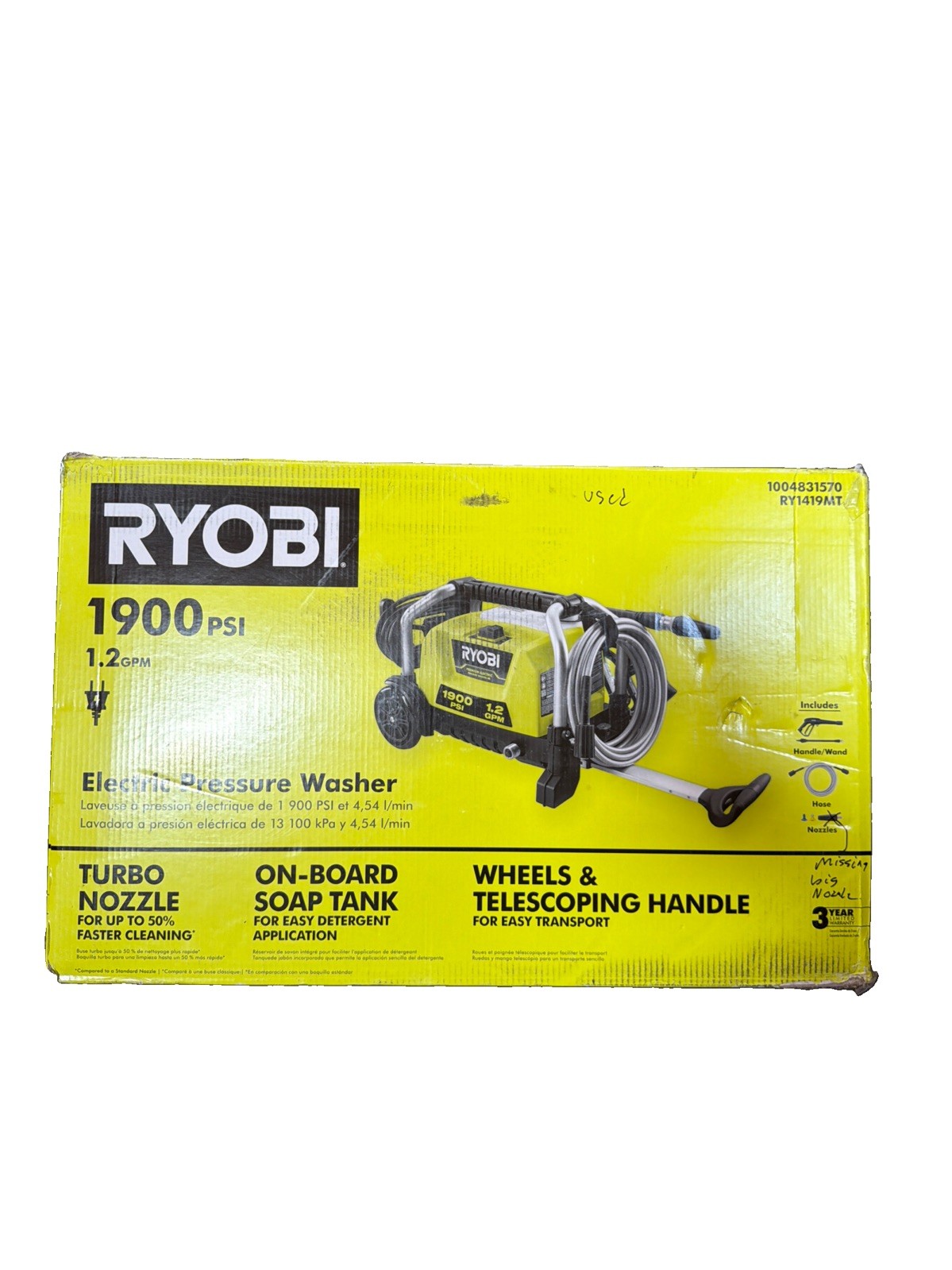 RYOBI 1900 PSI 1.2 GPM Cold Water Wheeled Corded Pressure Washer RY1419MT