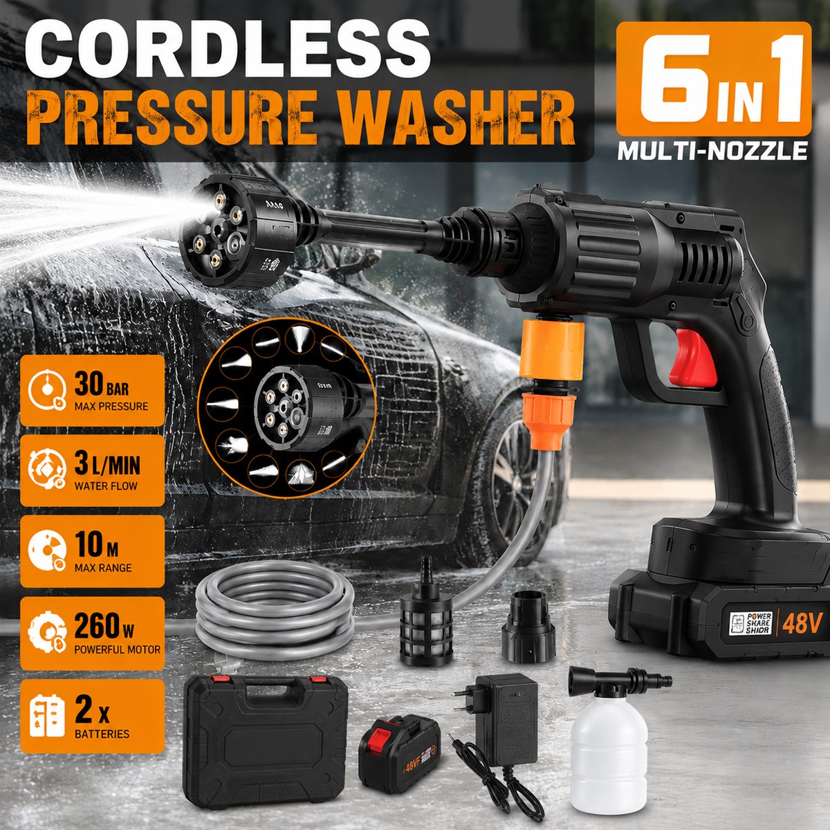 Portable Cordless Electric High Pressure Washer 30Bar Jet Wash Patio Car 6 in 1