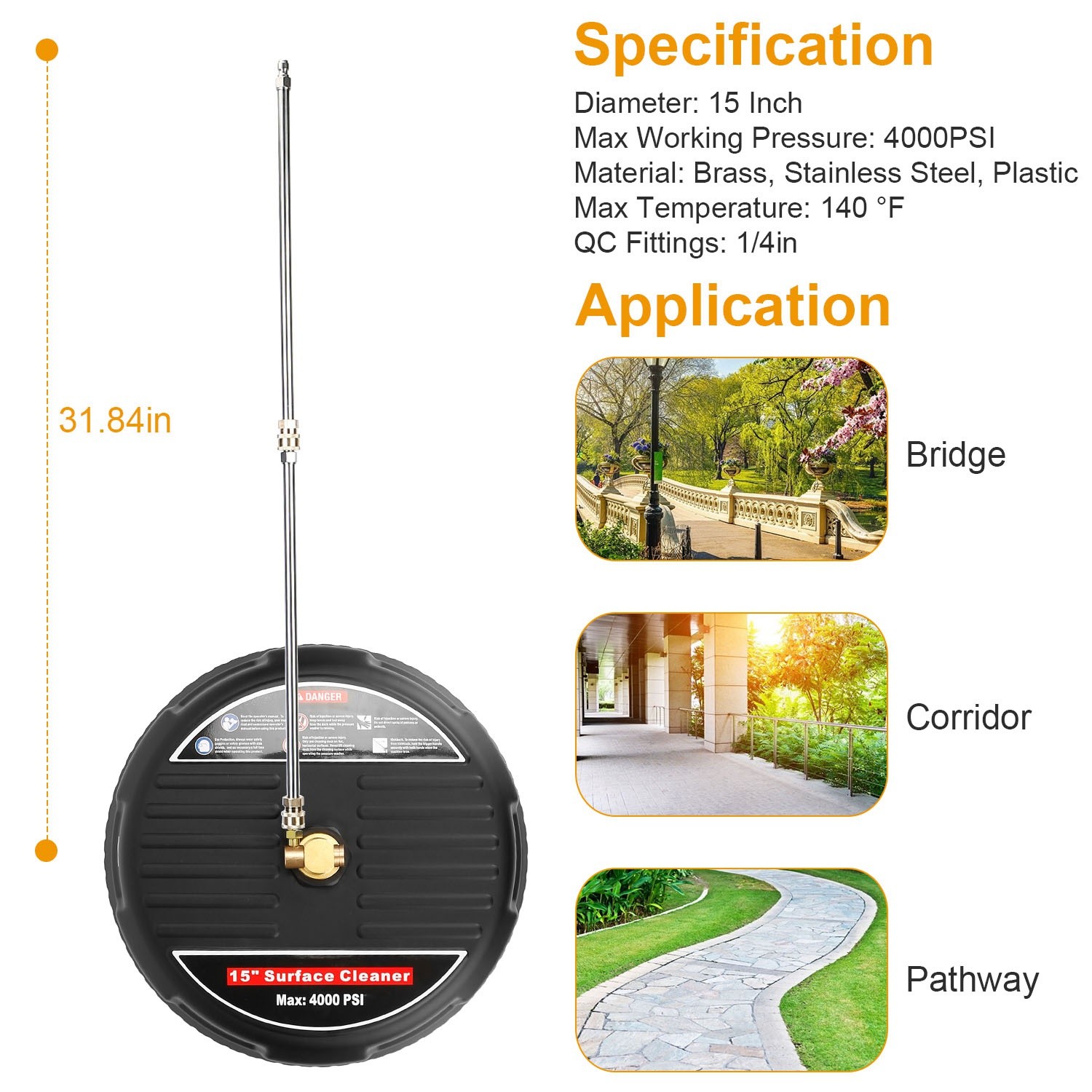 15″ Pressure Washer Surface Cleaner 4000 PSI Power Washer Driveway Broom