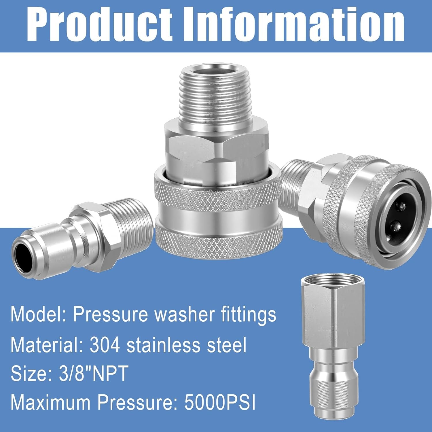 8PCS 3/8 Inch Pressure Washer Quick Connect Fittings Kit, Stainless Steel Male a