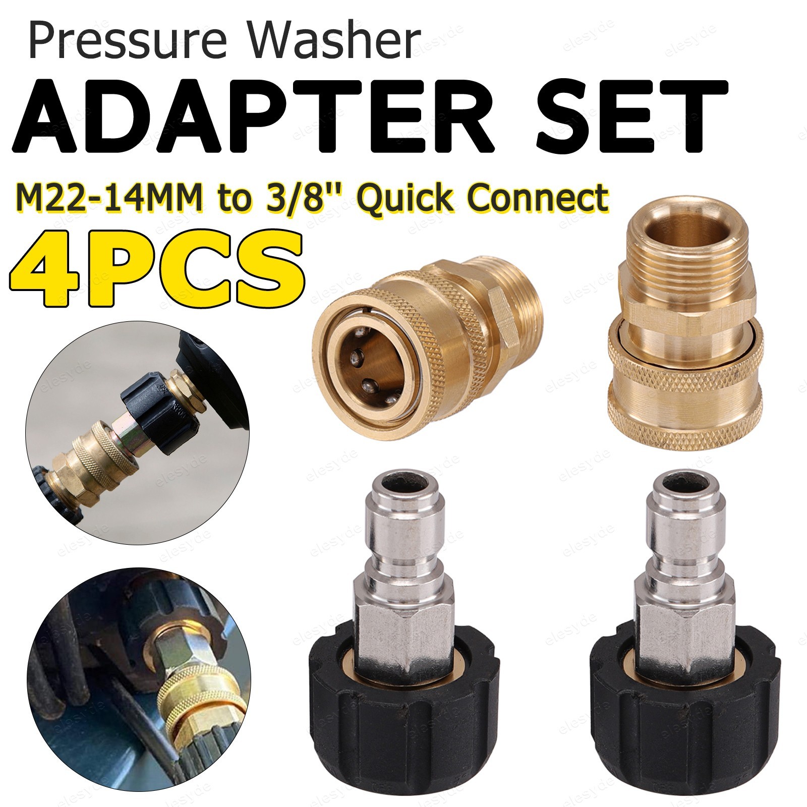 Pressure Washer Quick Connect Kit 4PCS M22 14mm Swivel Fitting 3/8 Brass Coupler