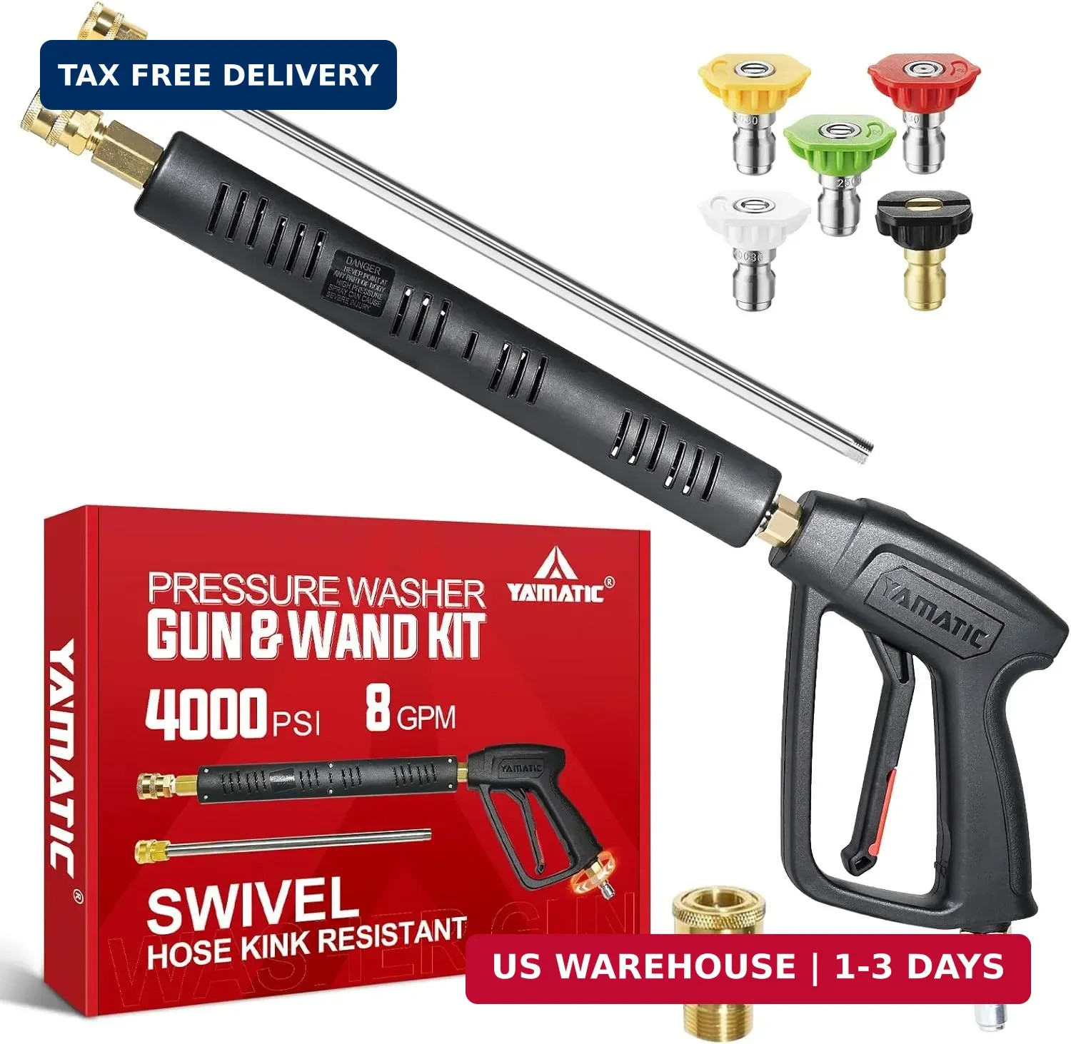 YAMATIC Pressure Washer Gun Wand with Swivel 3/8″ Plug & M22 Coupler, Stainless