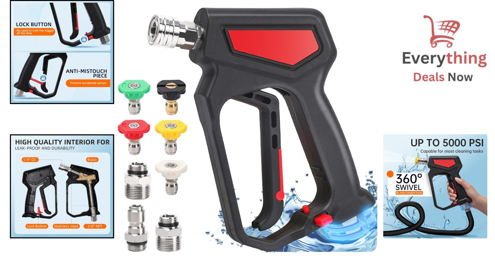 5000 PSI Pressure Washer Short Gun Swivel 10.5 GPM High Power 5 Nozzle Tips Kit