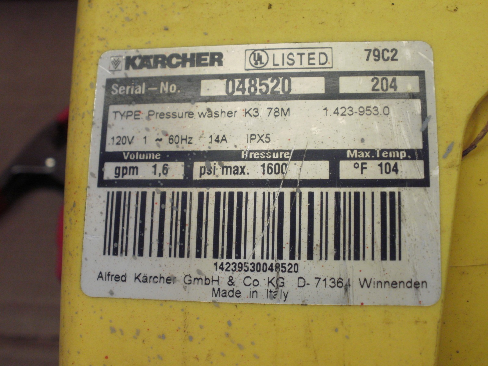 Karcher K3 78M, 1600 psi, Pressure Washer Motor, 1.6 gpm, 1.423-953.0, 120V