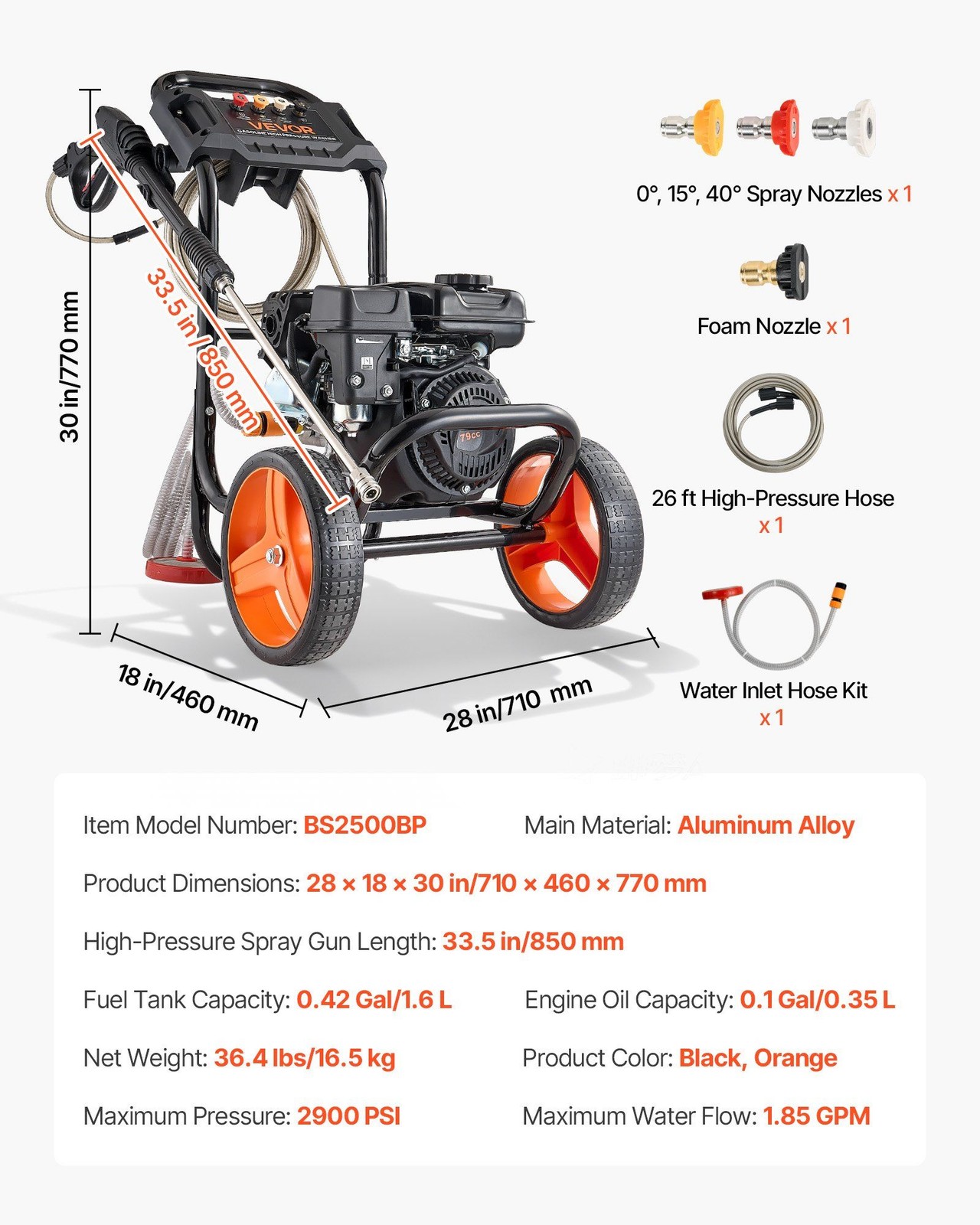 2900 PSI Gas Power Washer w/ Aluminum Pump, Spray Gun, 4 Stainless Nozzles