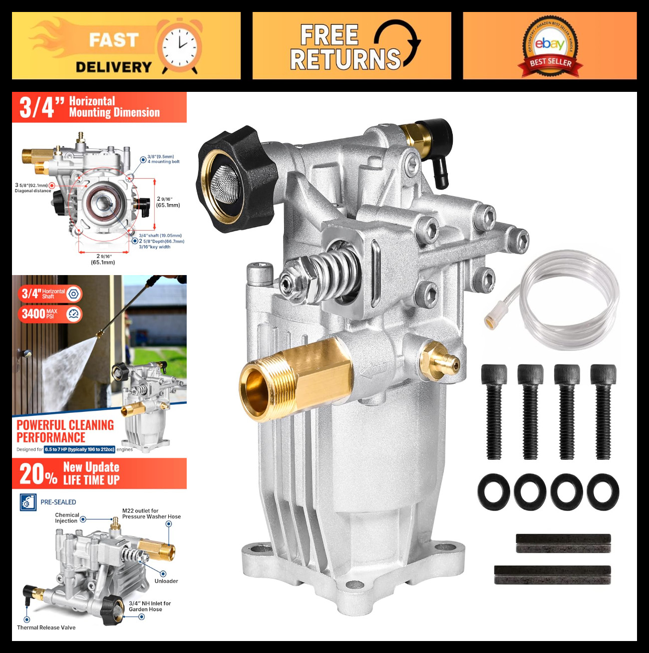 3/4″ Shaft Horizontal Pressure Washer Pump 3400 PSI 2.5 GPM Replacement for Powe