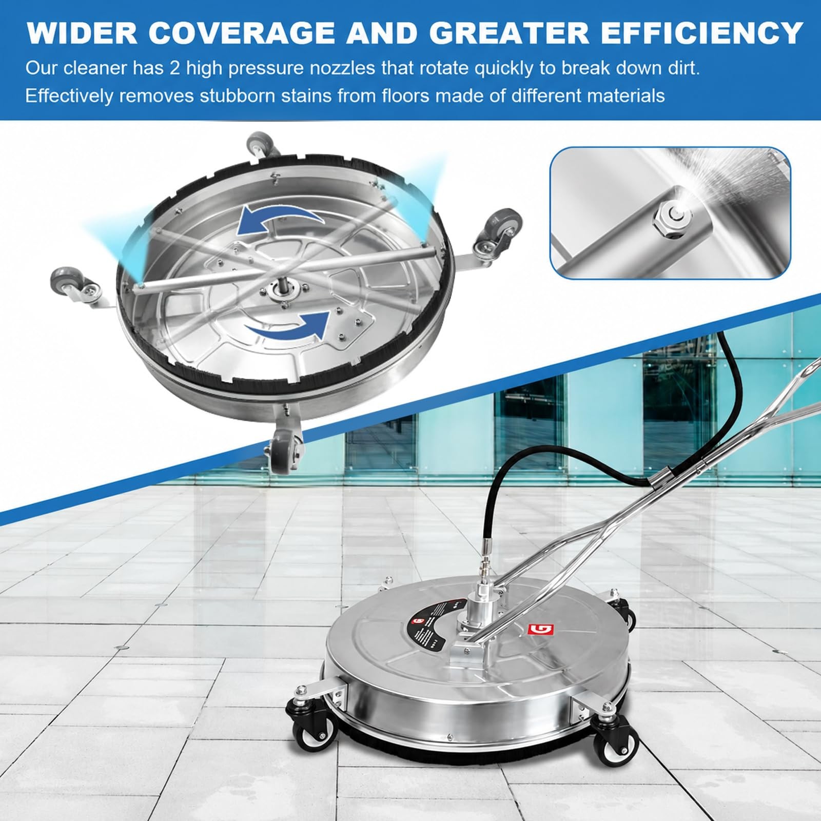 24″ Pressure Washer Surface Cleaner 4900PSI w/ 4 Wheels & 2 Handles for Driveway