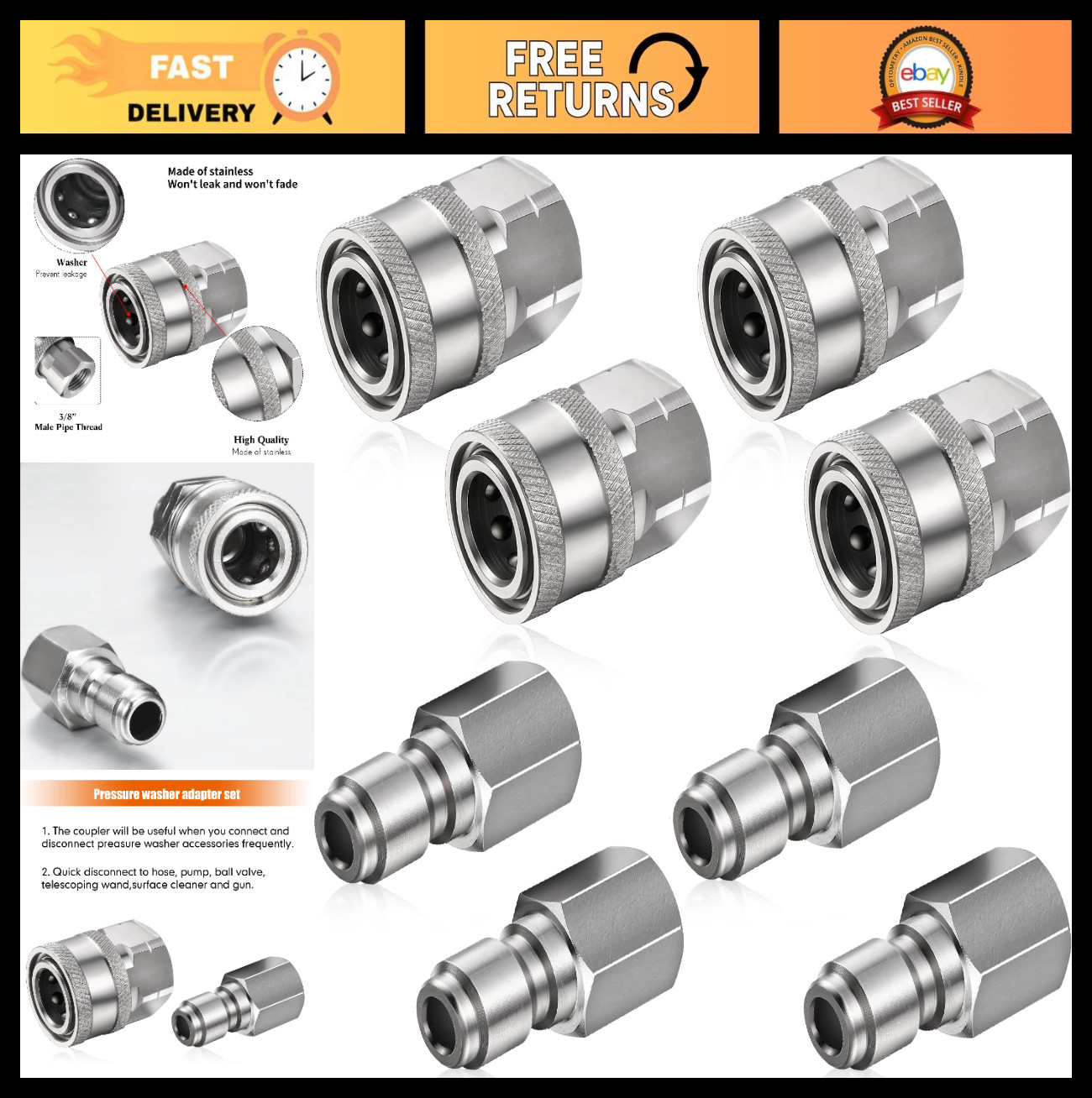 4 Sets 1/4″ Pressure Washer Quick Connect Couplers & Adapters – Male/Female Fitt