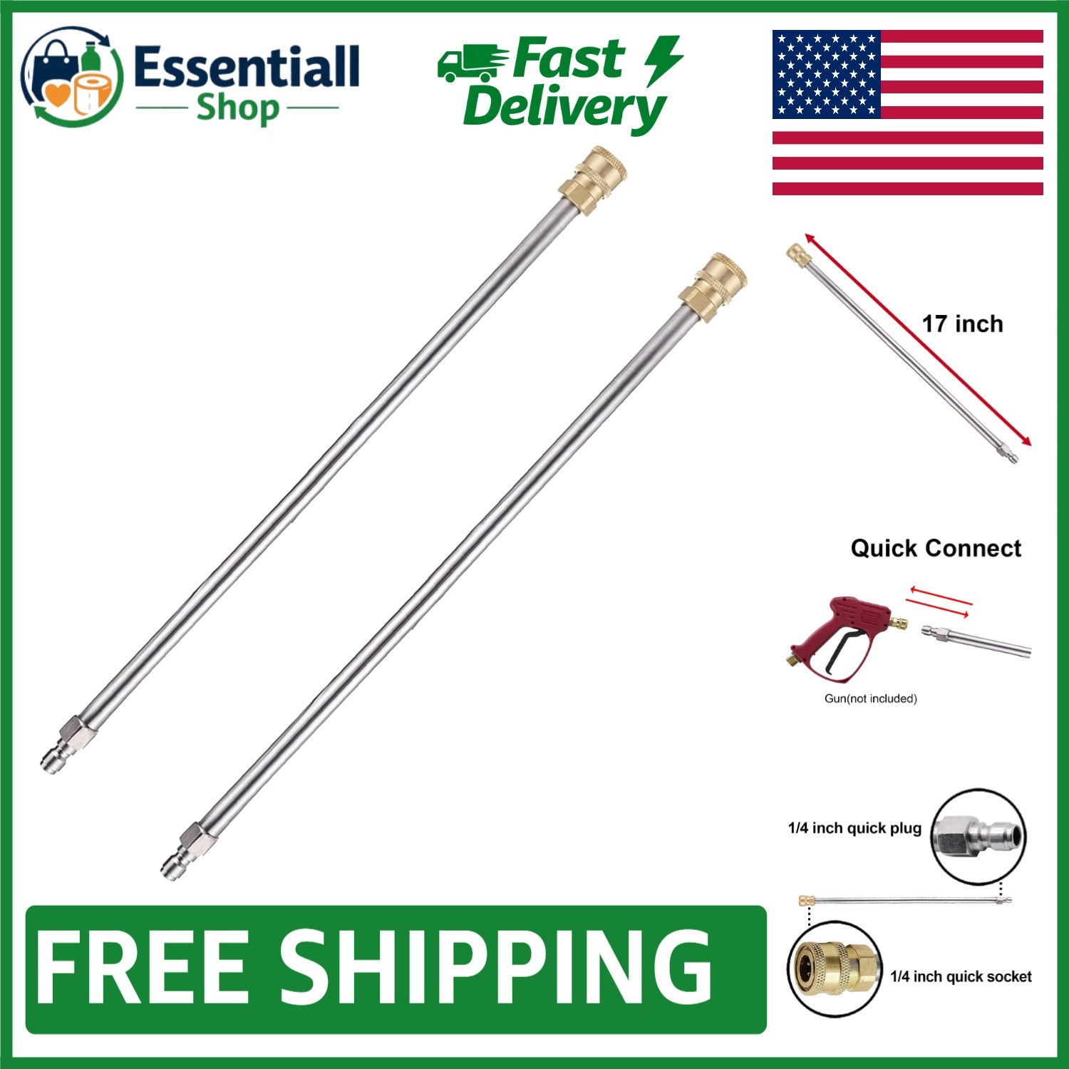 Universal 2 Pack 17” Stainless Steel Pressure Washer Extension Wands, 4000 PSI