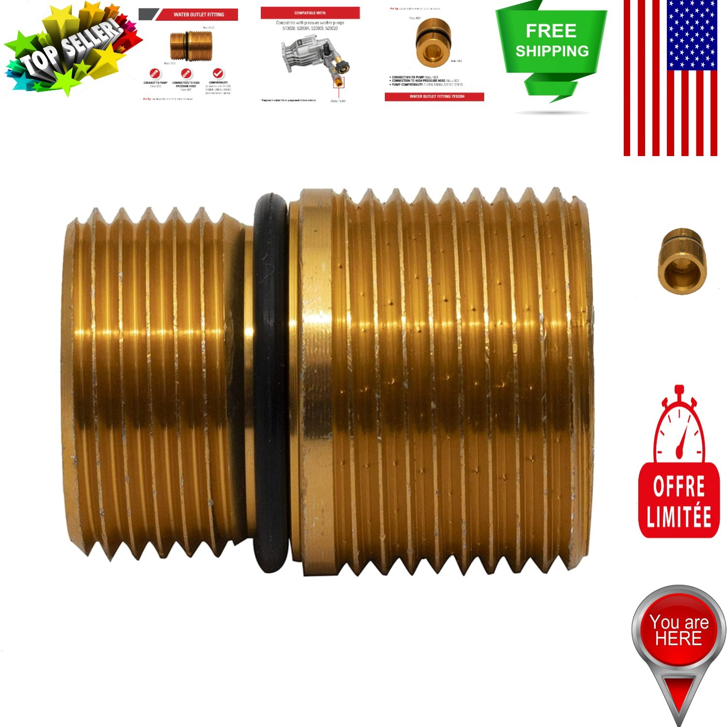 Compact Gold Aluminum Adapter for Axial Cam Pressure Washer Pumps, Easy Install