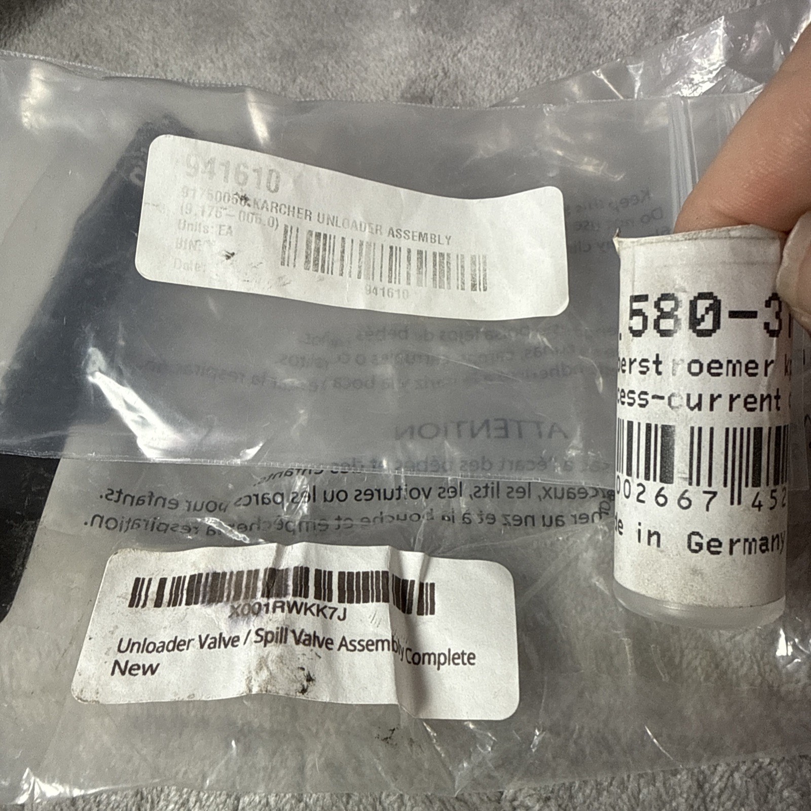 Karcher Unloader Valve -4. 580-318.0 Unloader Assembly 941610 Parts 3pc NEW READ