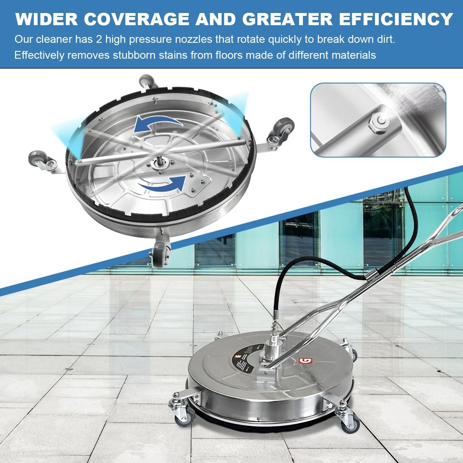 24″ Pressure Washer Surface Cleaner Stainless Steel 4900PSI Dual Handle 4 Wheels
